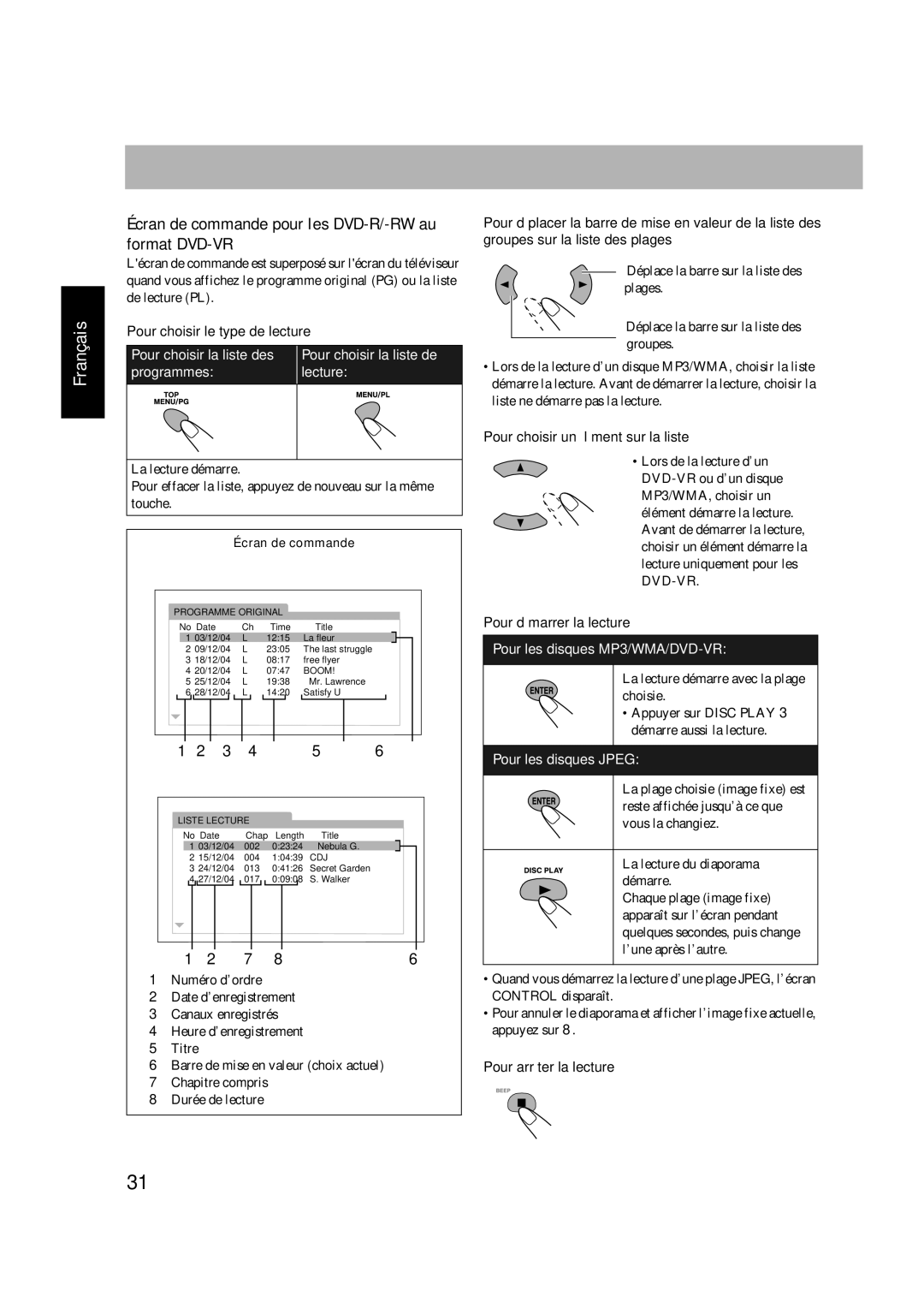 JVC SP-HXD77, CA-HXD77 manual Écran de commande pour les DVD-R/-RW au format DVD-VR, Pour choisir le type de lecture 