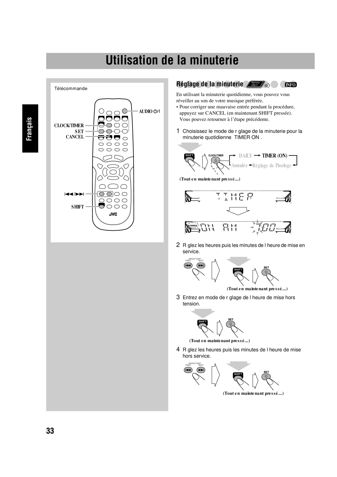 JVC SP-HXD77, CA-HXD77 manual Utilisation de la minuterie, Entrez en mode de réglage de l’heure de mise hors tension 