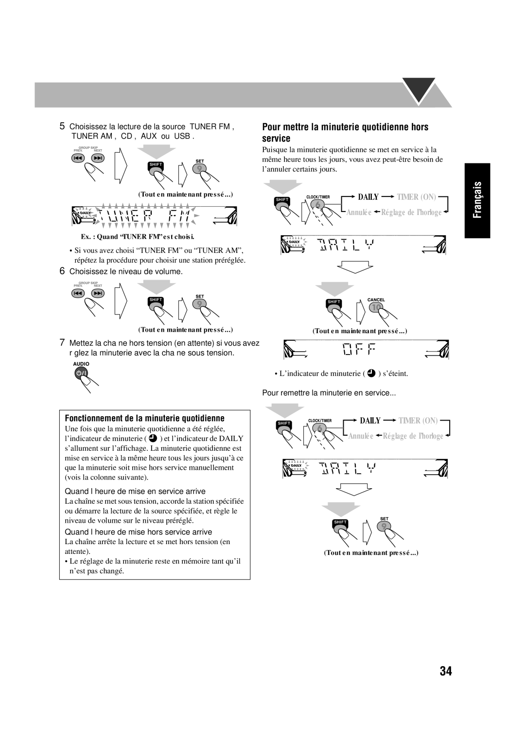 JVC CA-HXD77, SP-HXD77 manual Pour mettre la minuterie quotidienne hors service, Fonctionnement de la minuterie quotidienne 