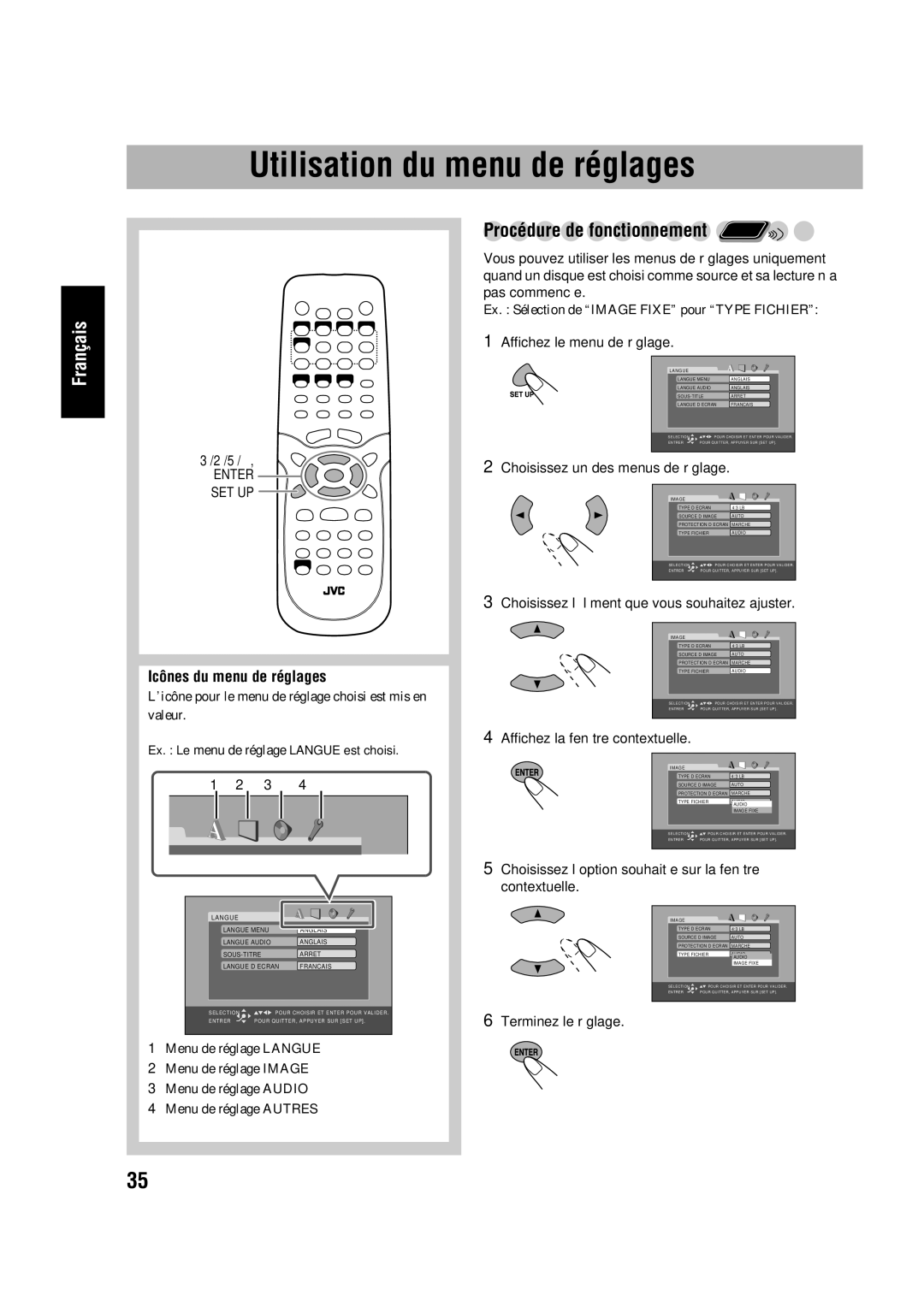 JVC SP-HXD77, CA-HXD77 manual Utilisation du menu de réglages, Icônes du menu de réglages, Affichez le menu de réglage 