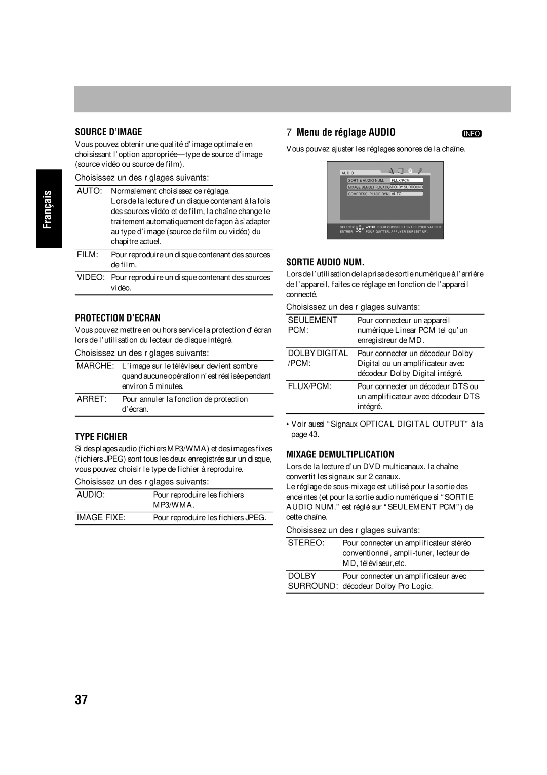 JVC SP-HXD77, CA-HXD77 manual Source D’IMAGE, Choisissez un des réglages suivants 