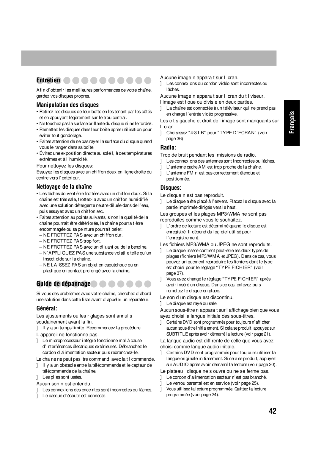 JVC CA-HXD77, SP-HXD77 manual Entretien, Guide de dépannage 