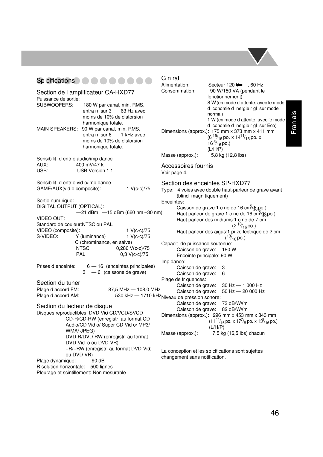 JVC CA-HXD77, SP-HXD77 manual Spécifications 