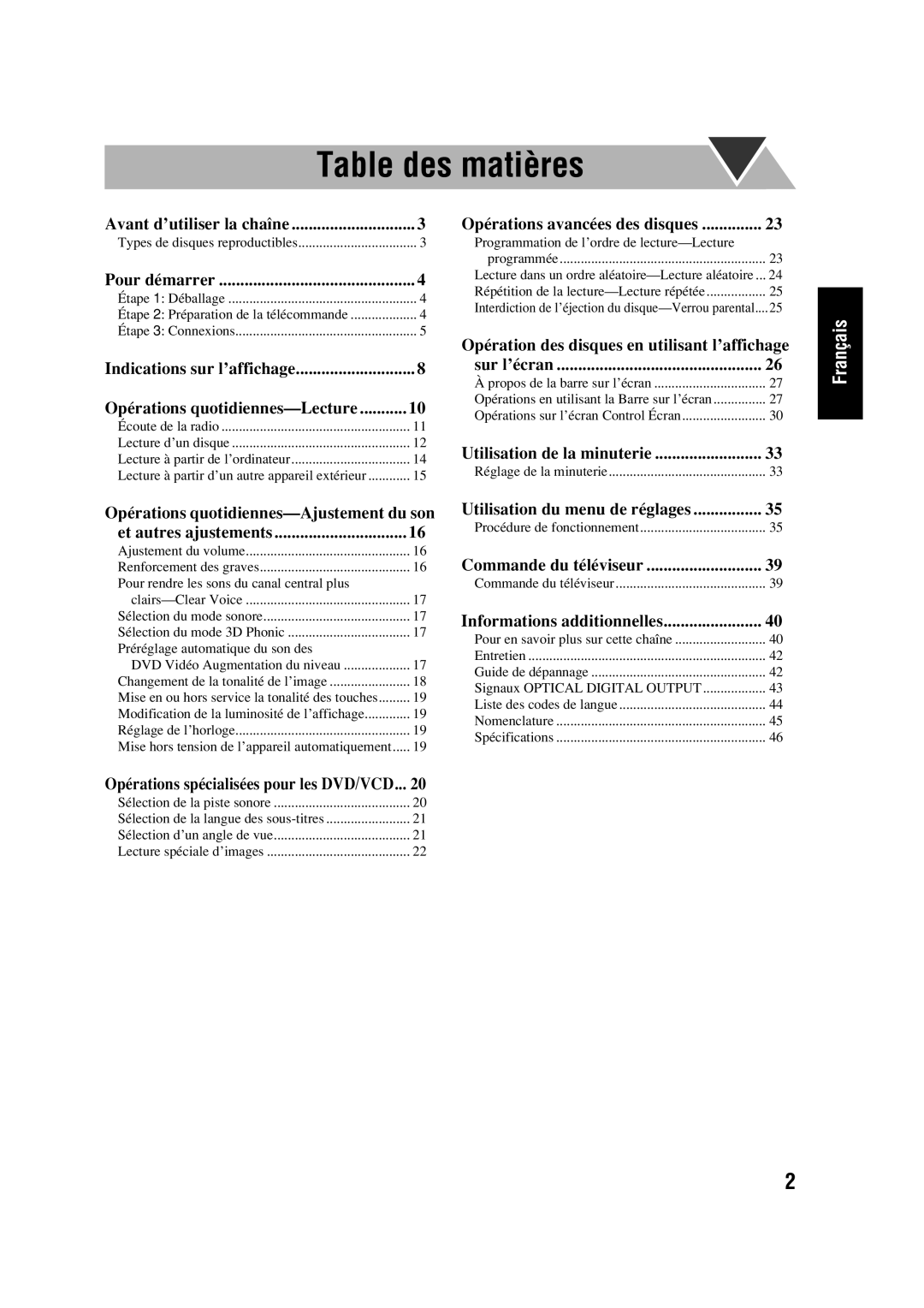 JVC CA-HXD77, SP-HXD77 manual Table des matières, Opérations quotidiennes-Lecture 