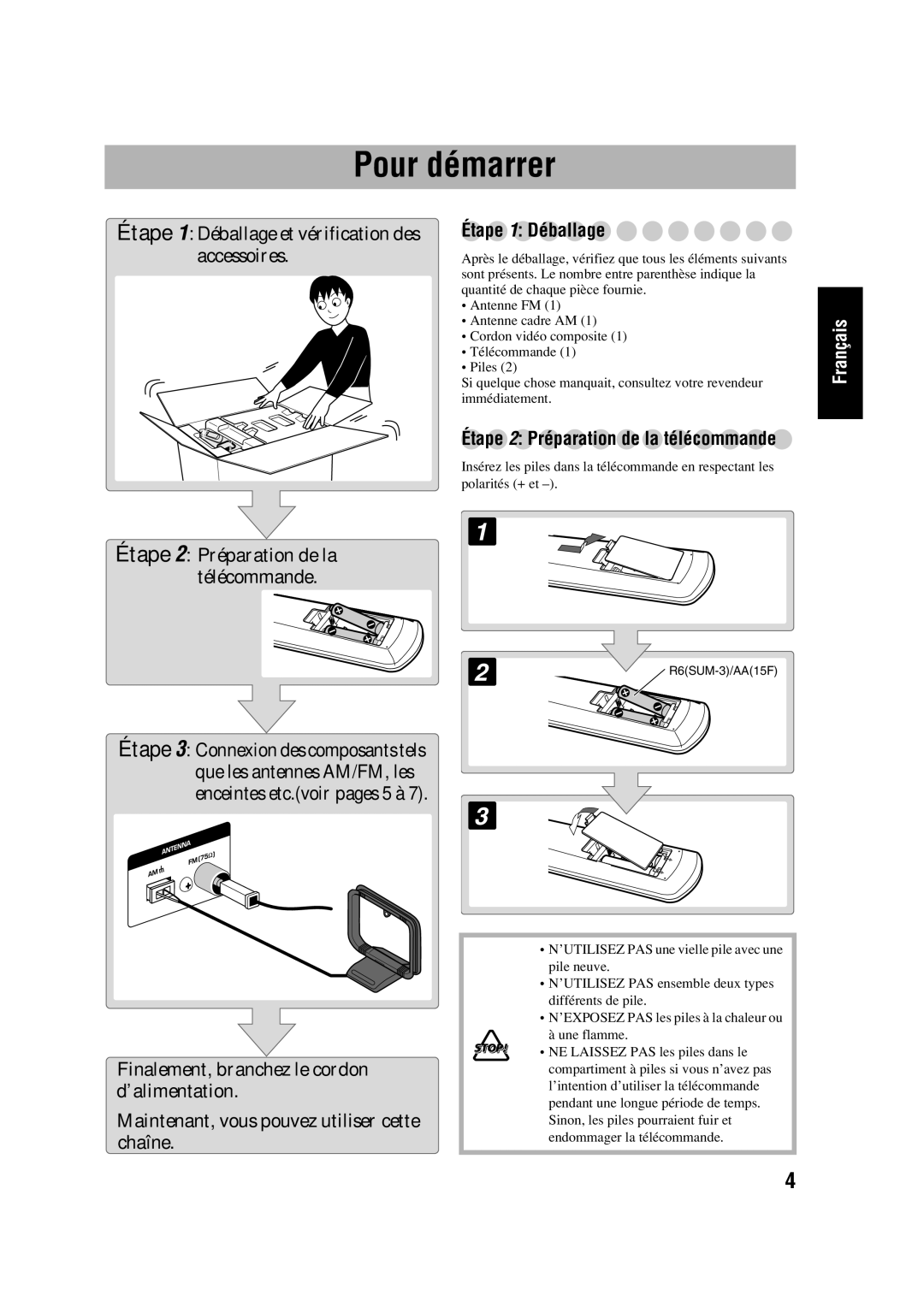 JVC CA-HXD77, SP-HXD77 manual Pour démarrer, Étape 1 Déballage, Étape 2 Préparation de la télécommande 