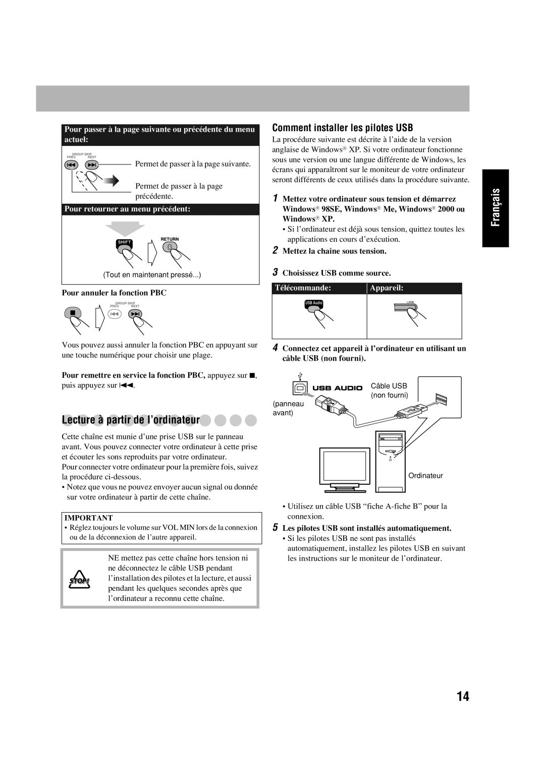 JVC CA-HXD77 manual Lecture à partir de l’ordinateur, Comment installer les pilotes USB, Pour retourner au menu précédent 