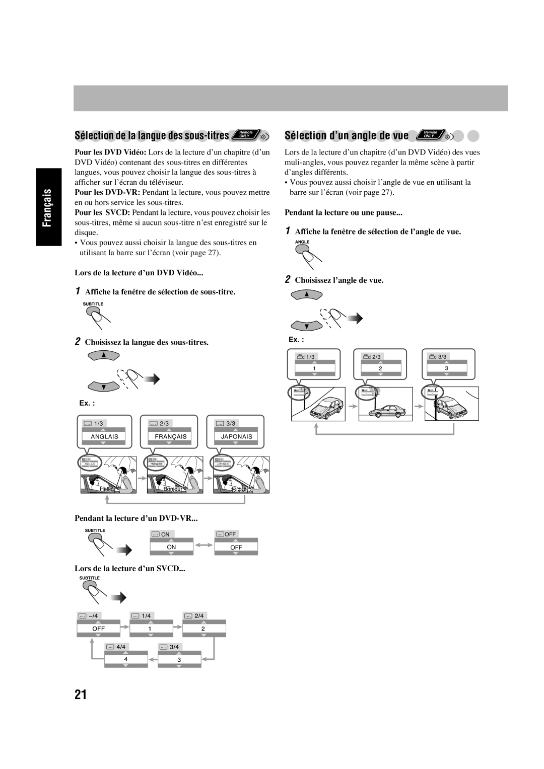 JVC SP-HXD77 manual Sélection d’un angle de vue, Sélection de la langue des sous-titres, Pendant la lecture ou une pause 