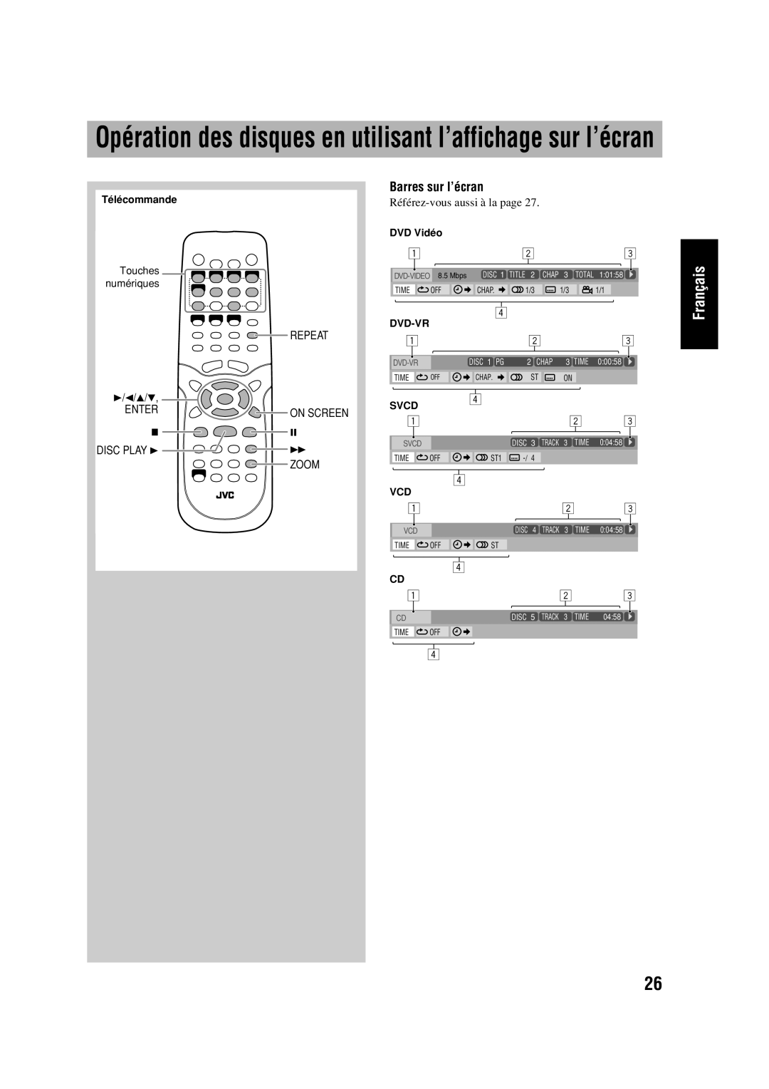 JVC CA-HXD77, SP-HXD77 manual Barres sur l’écran, Français, Enter, Disc Play, Repeat On Screen, Zoom 