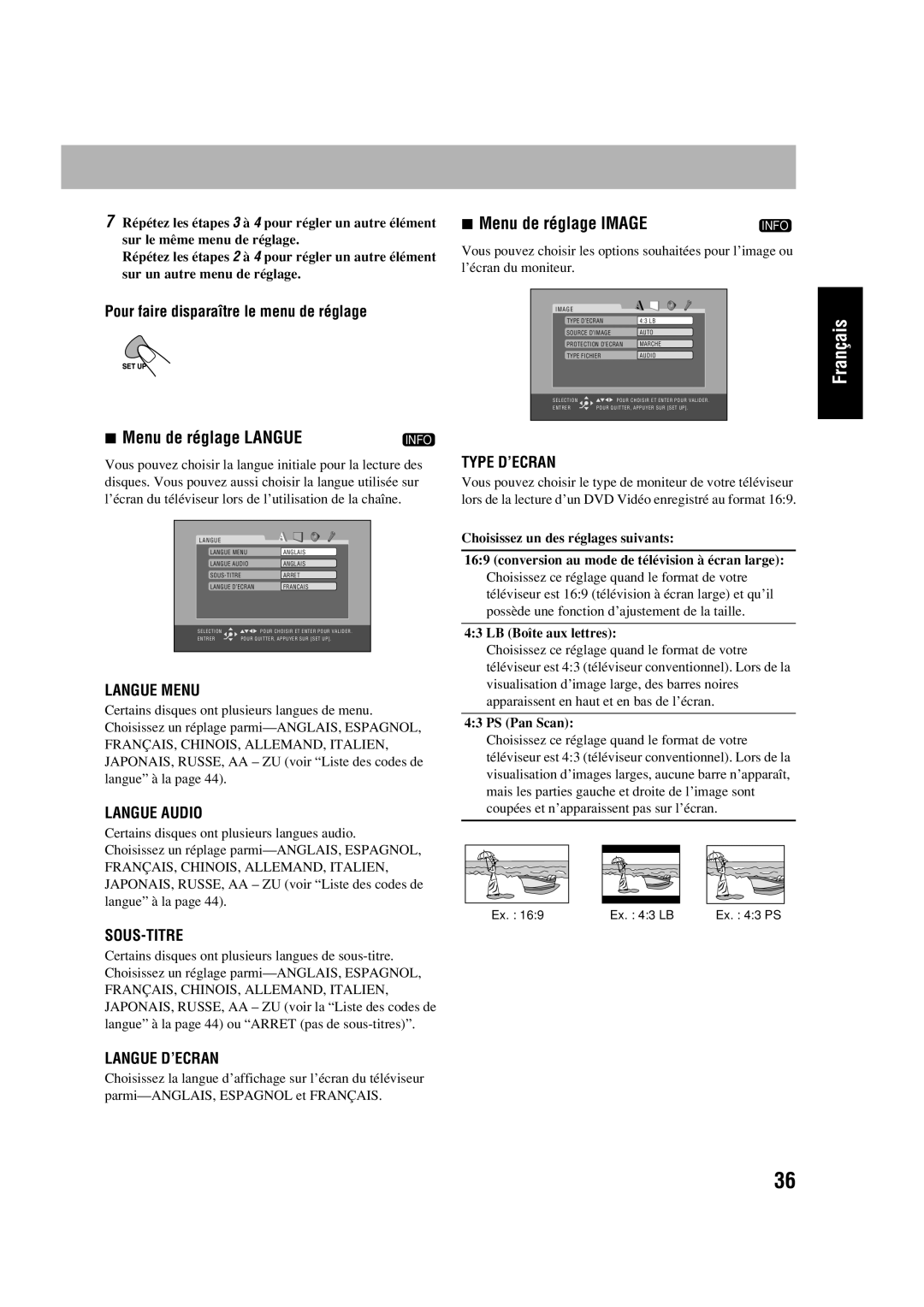 JVC CA-HXD77 manual Menu de réglage LANGUE, Menu de réglage IMAGE, Pour faire disparaître le menu de réglage, Langue Menu 
