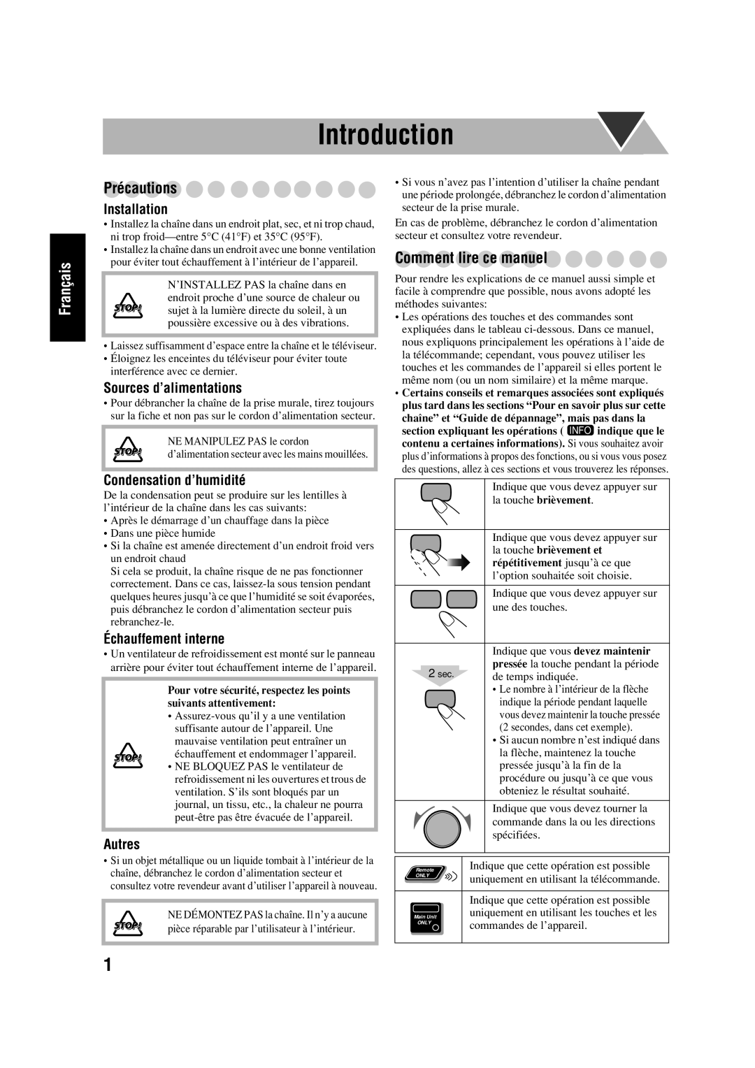 JVC SP-HXD77 Introduction, Français, Précautions, Comment lire ce manuel, Installation, Sources d’alimentations, Autres 