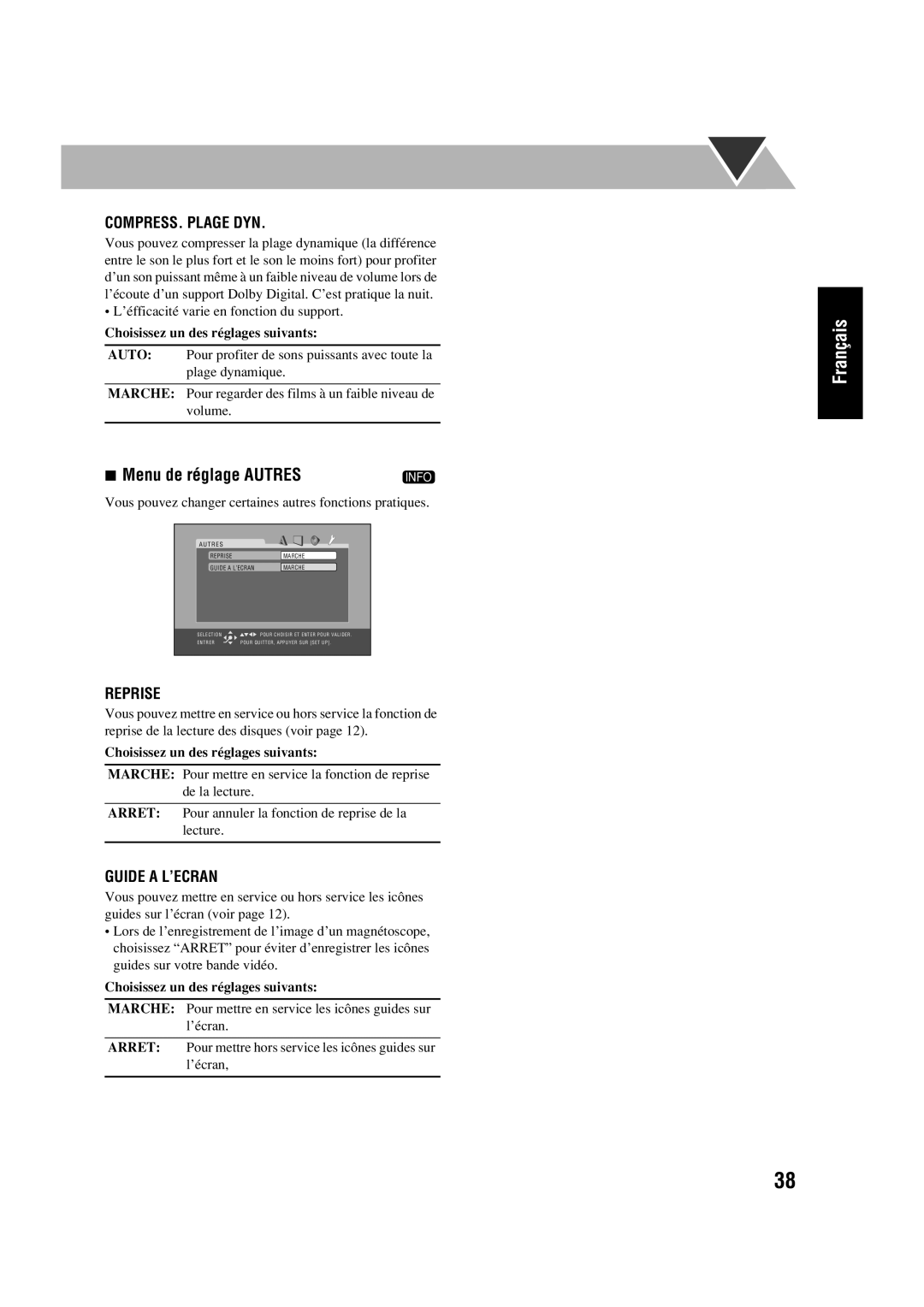 JVC CA-HXD77, SP-HXD77 manual Menu de réglage AUTRES, Compress. Plage Dyn, Reprise, Guide A L’Ecran, Français 