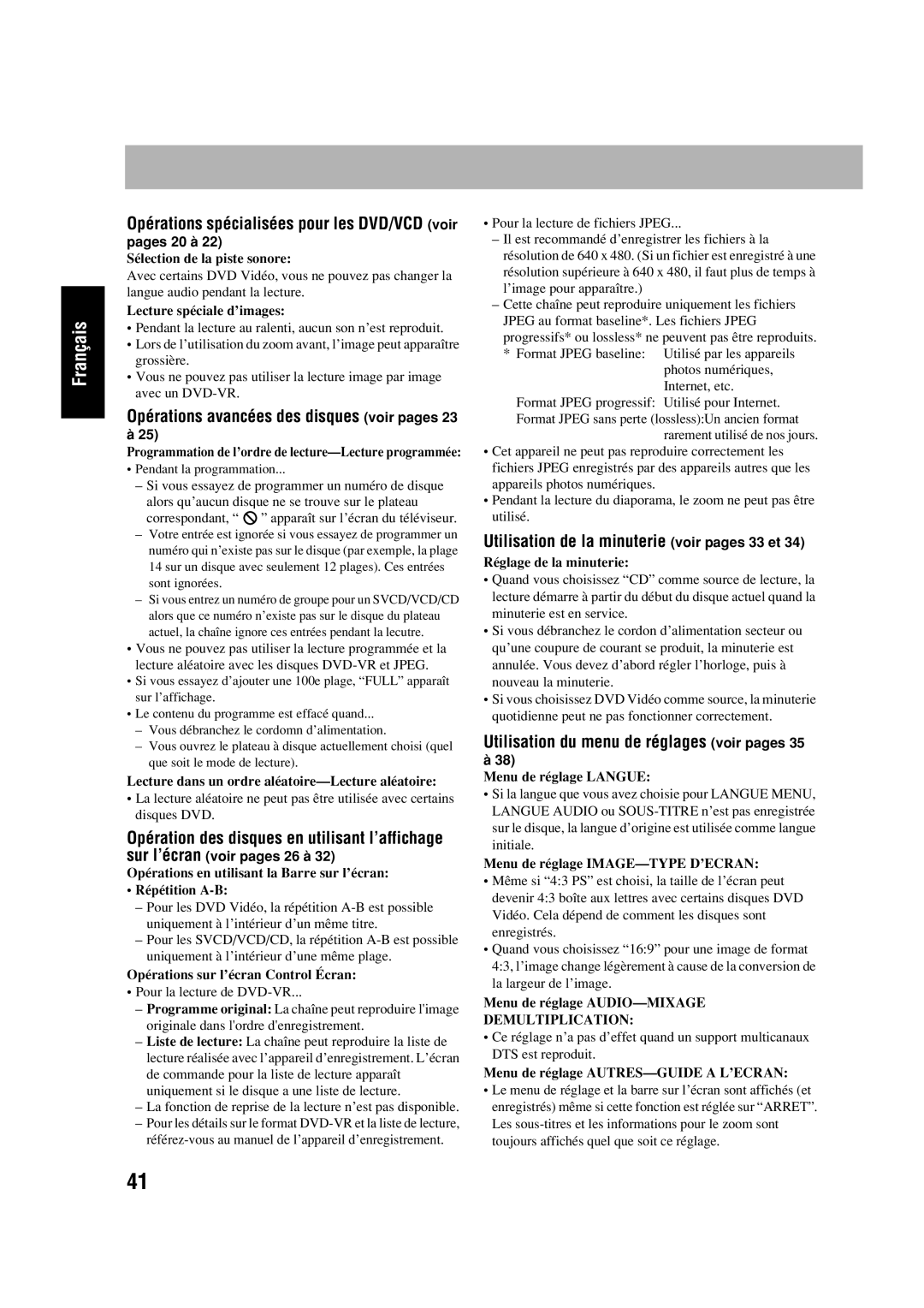 JVC SP-HXD77 manual Utilisation de la minuterie voir pages 33 et, Utilisation du menu de réglages voir pages, pages 20 à 