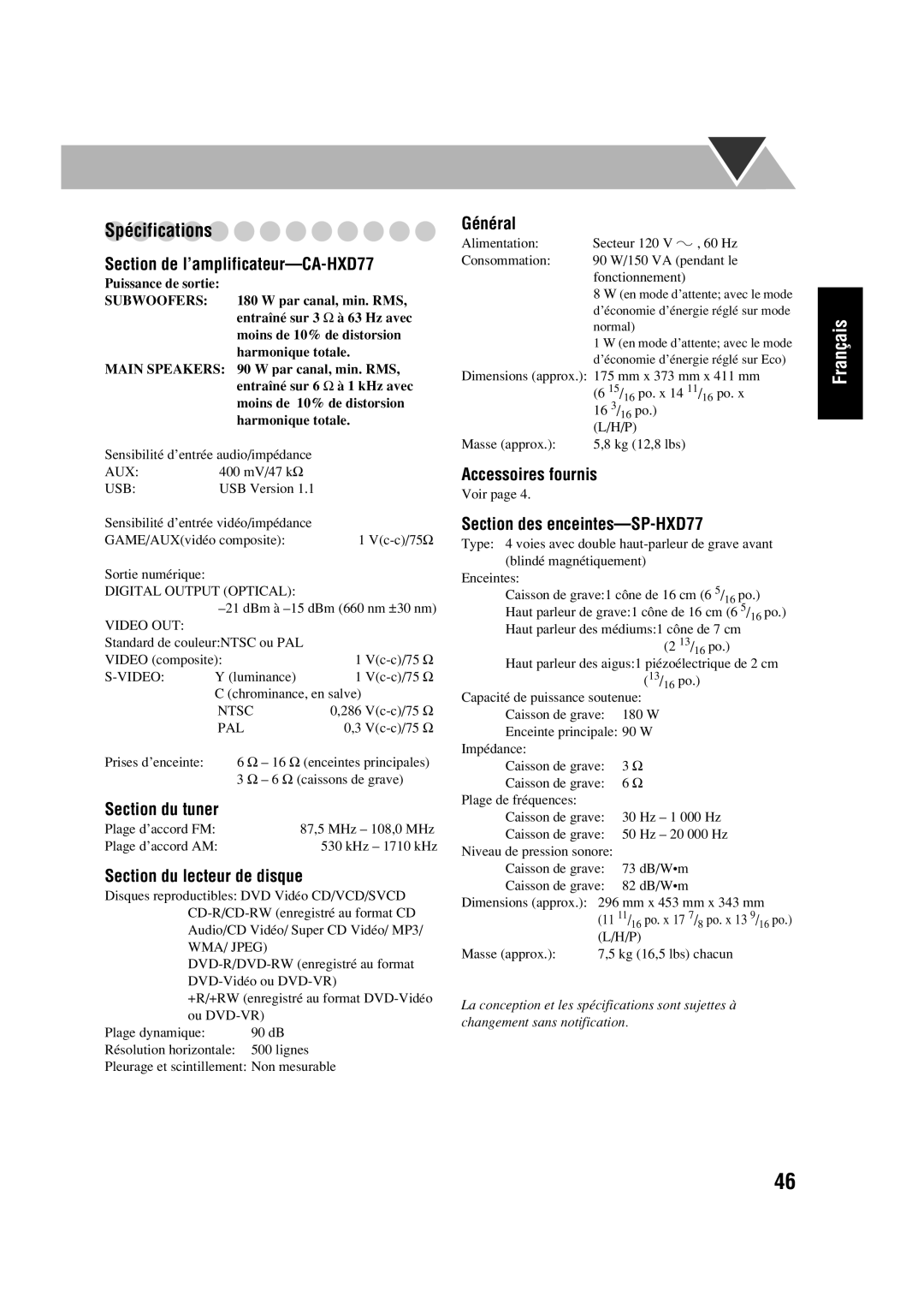 JVC manual Spécifications, Section de l’amplificateur—CA-HXD77, Section du tuner, Section du lecteur de disque, Français 
