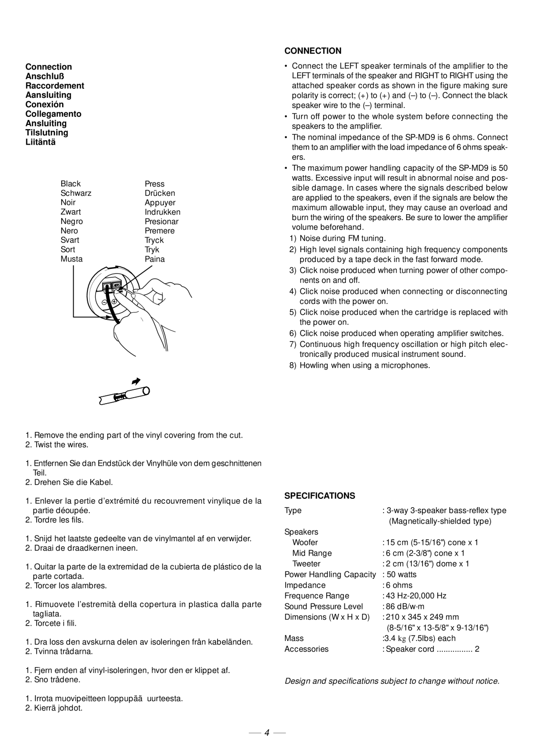 JVC SP-MD9 operating instructions Connection, Specifications 