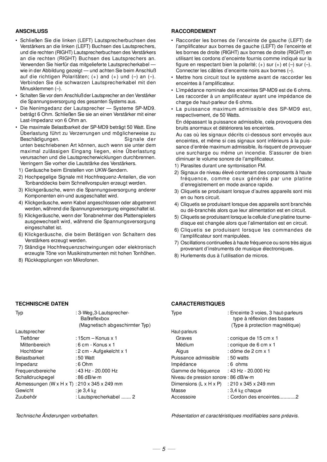 JVC SP-MD9 operating instructions Anschluss, Raccordement, Technische Daten Caracteristiques 