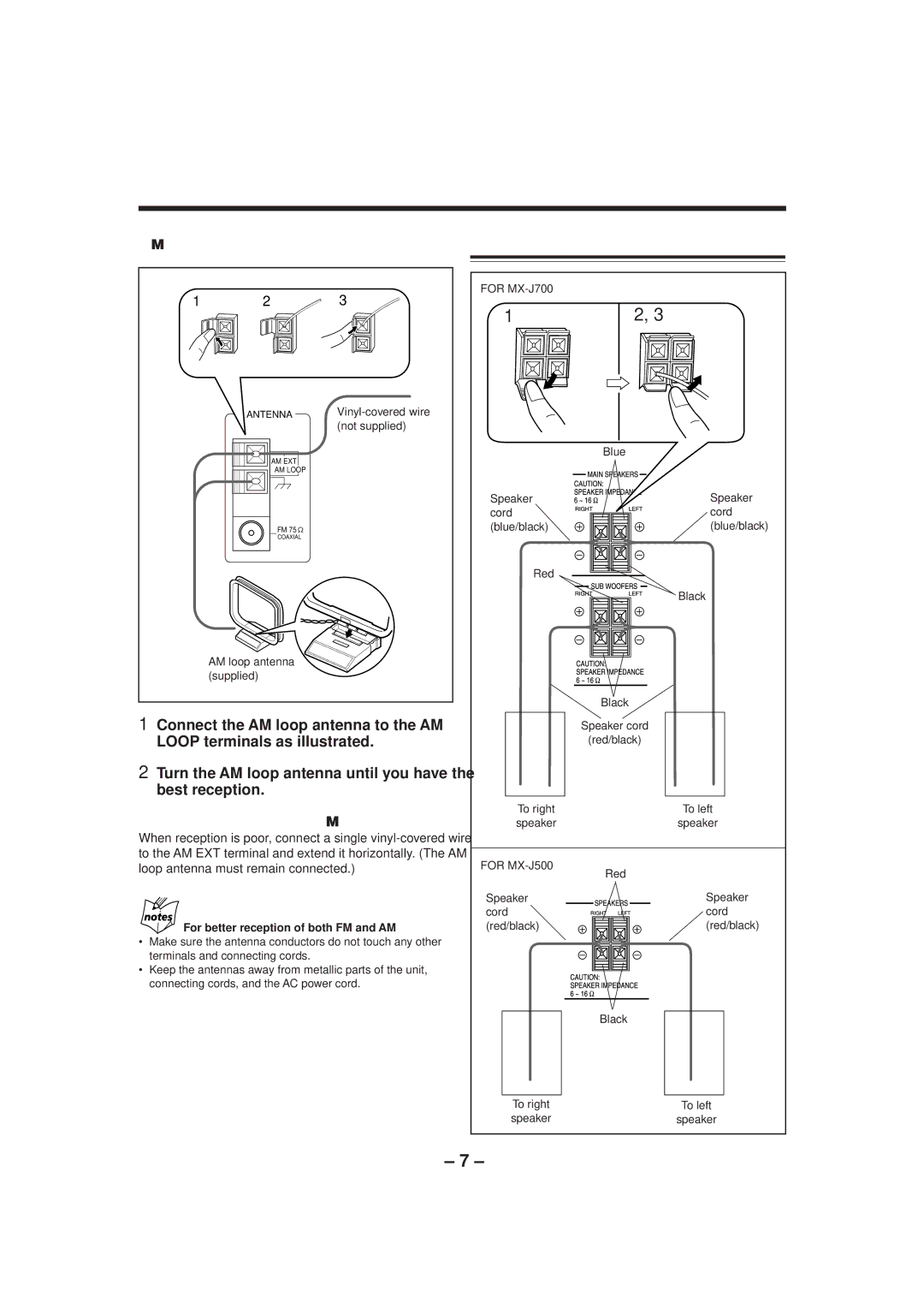 JVC SP-MXJ700, SP-MXJ500 Connecting Speakers, To connect an outdoor AM antenna, For better reception of both FM and AM 