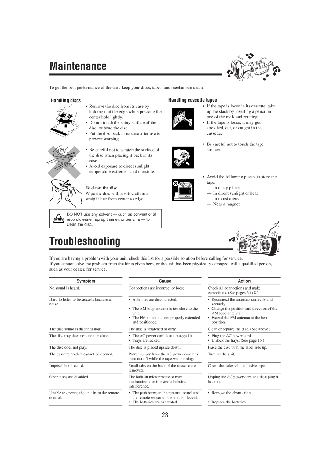 JVC SP-MXJ700, SP-MXJ500 manual Maintenance, Troubleshooting, Handling discs, Handling cassette tapes, To clean the disc 