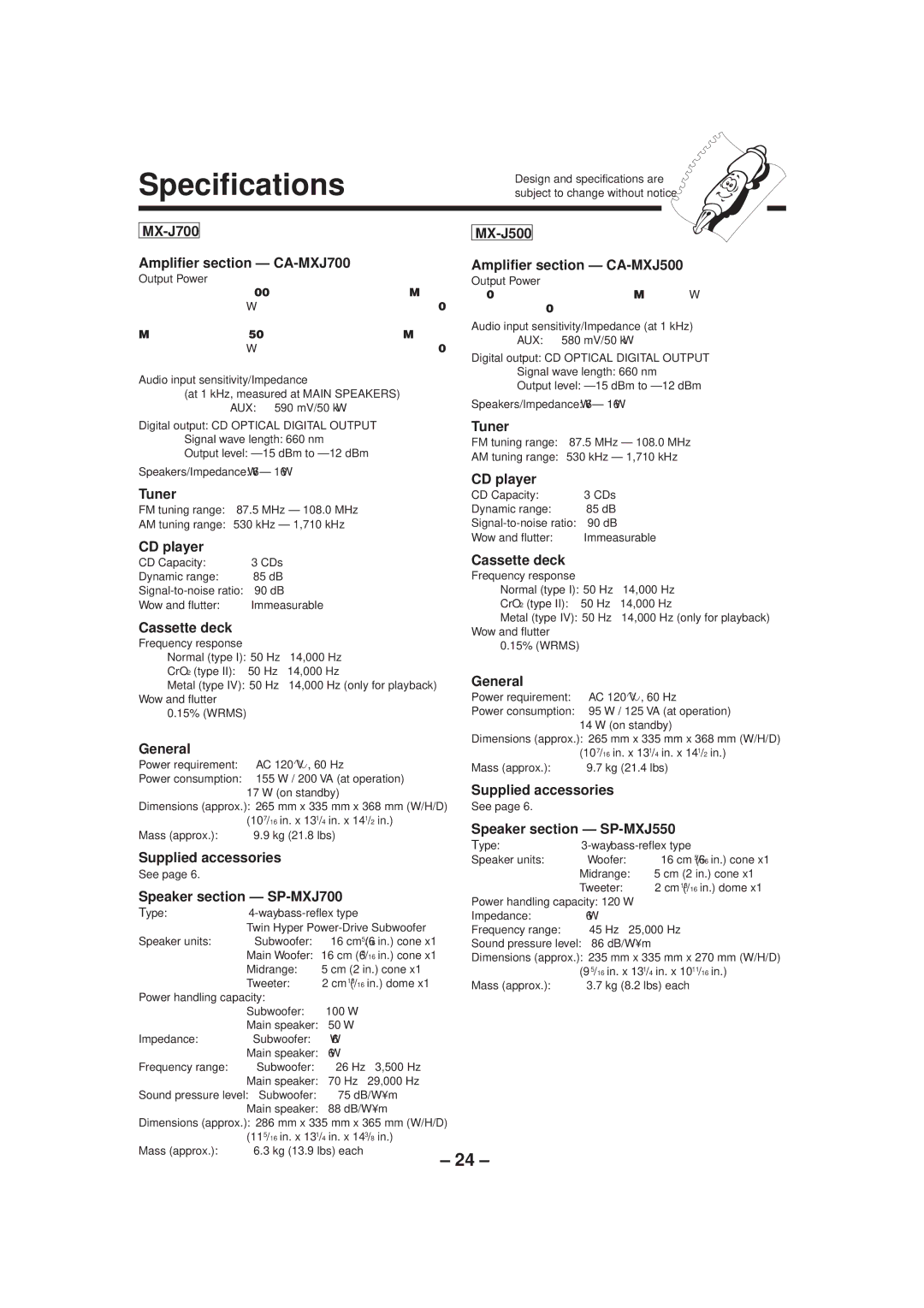 JVC SP-MXJ500, SP-MXJ700 manual Specifications 