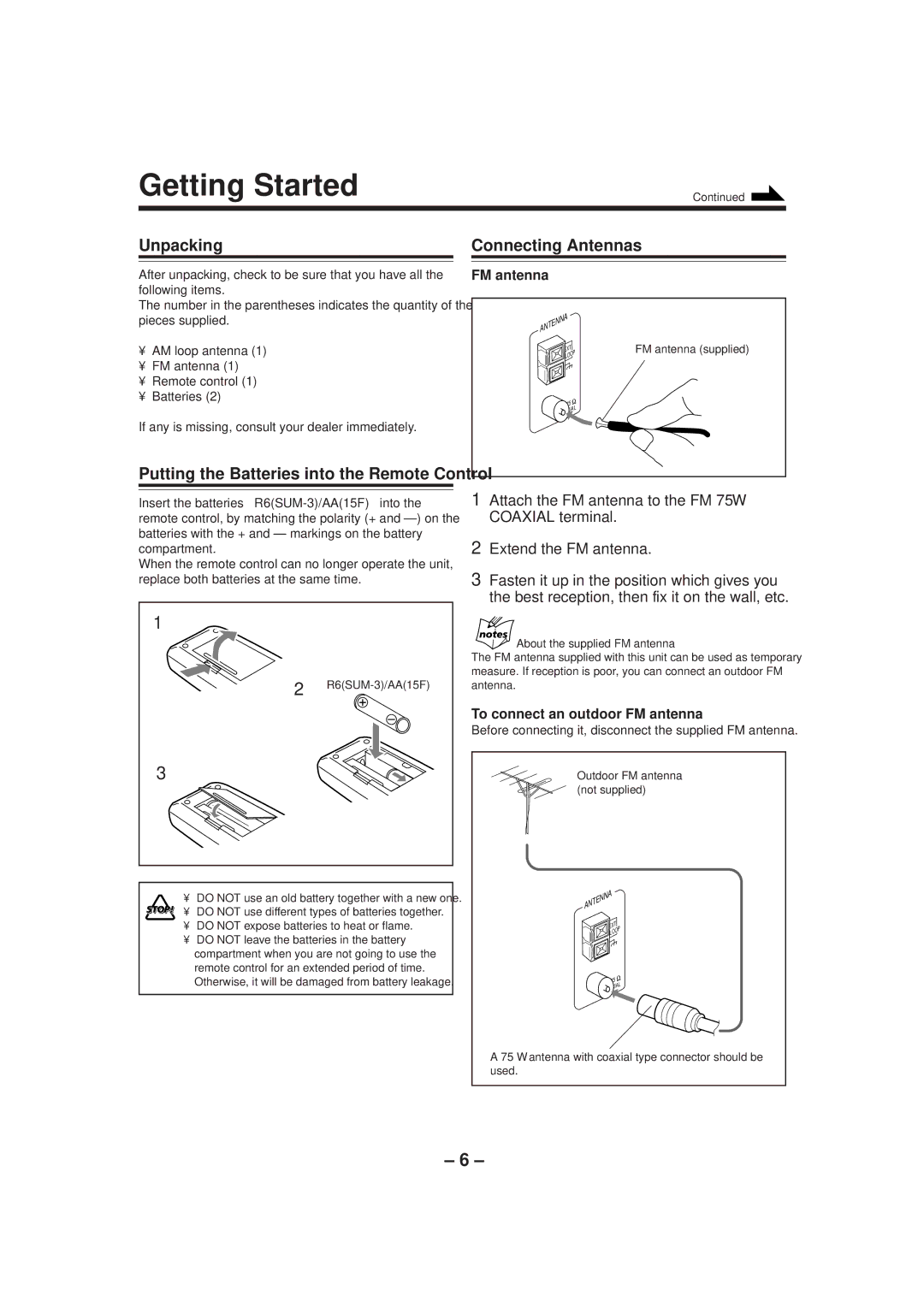 JVC SP-MXJ500, SP-MXJ700 manual Getting Started, Unpacking Connecting Antennas 