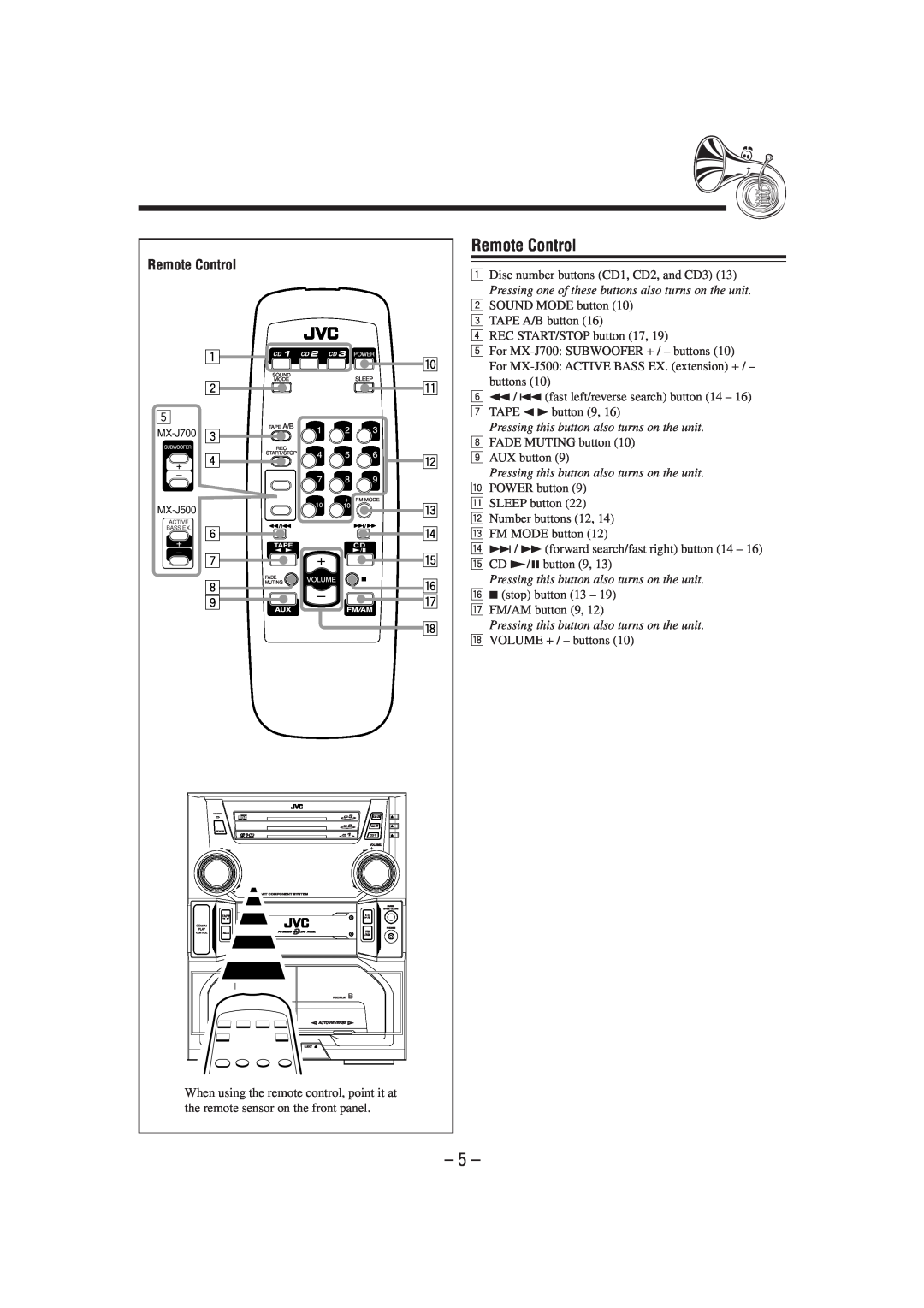 JVC SP-MXJ700, SP-MXJ500 manual Remote Control 