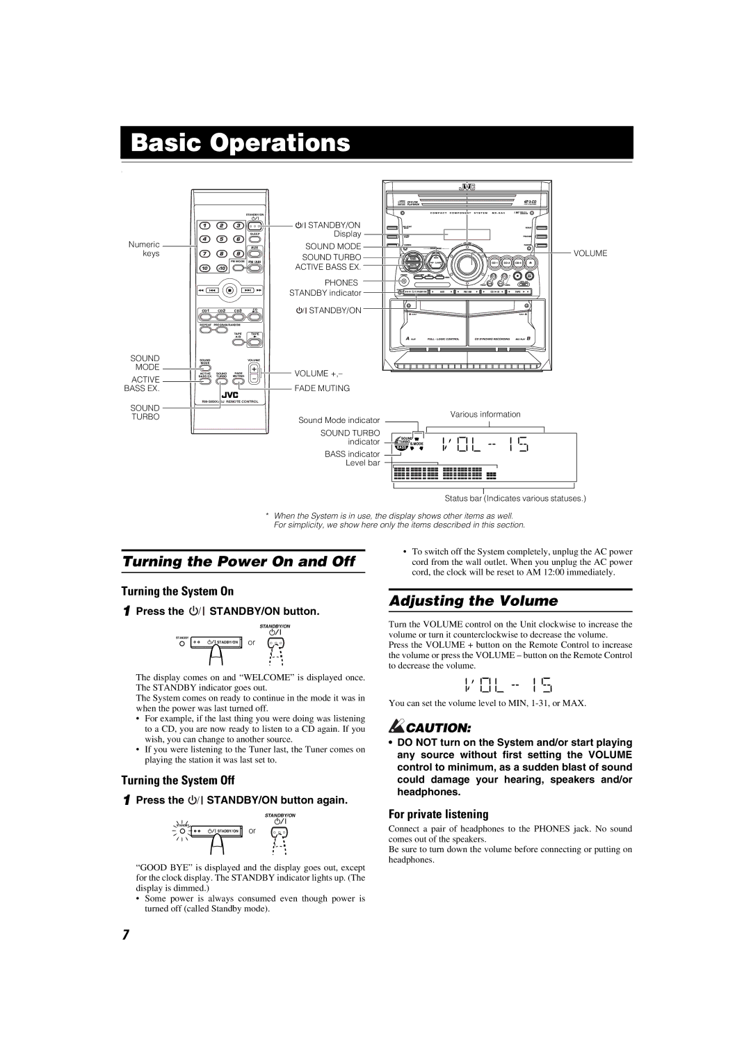 JVC SP-MXKA3, CA-MXKA3 manual Basic Operations, Turning the Power On and Off, Adjusting the Volume 