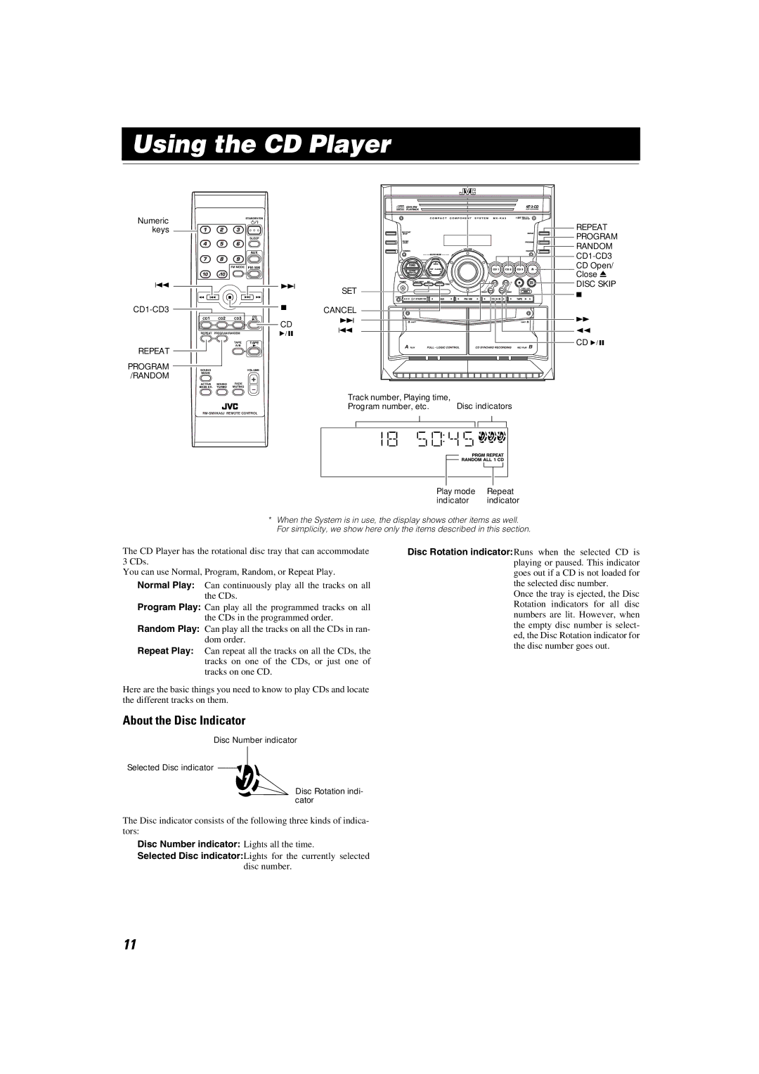 JVC SP-MXKA3, CA-MXKA3 manual Using the CD Player, About the Disc Indicator, Disc Number indicator Lights all the time 