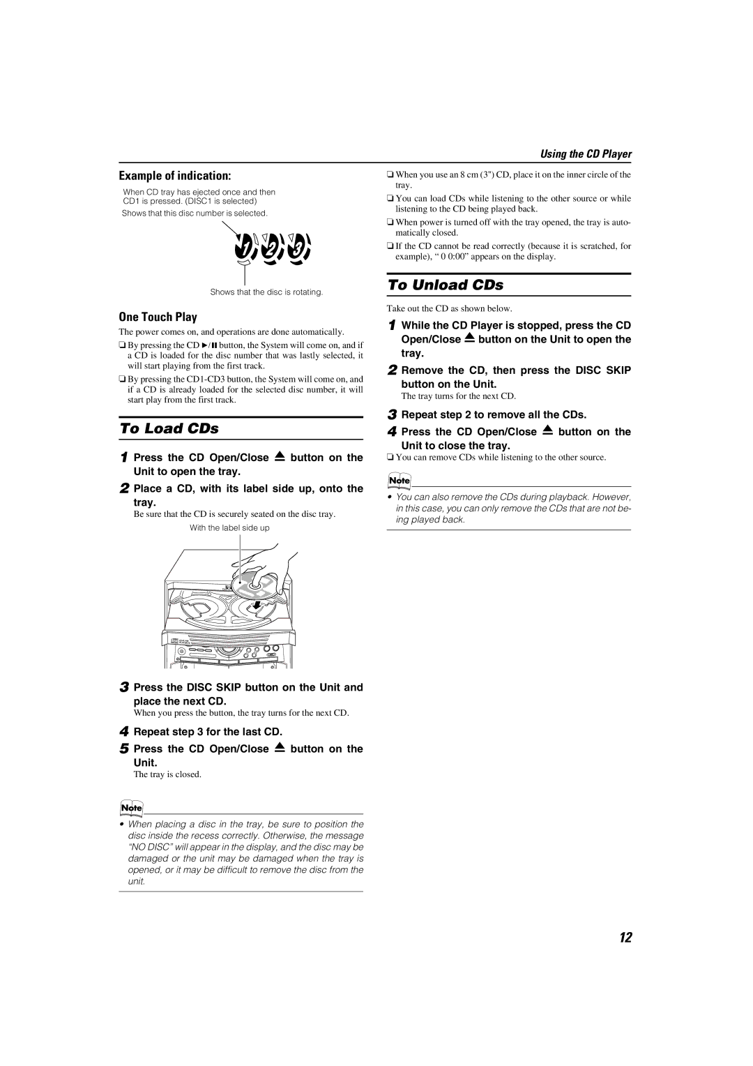 JVC CA-MXKA3, SP-MXKA3 manual To Load CDs, To Unload CDs, Example of indication, One Touch Play 