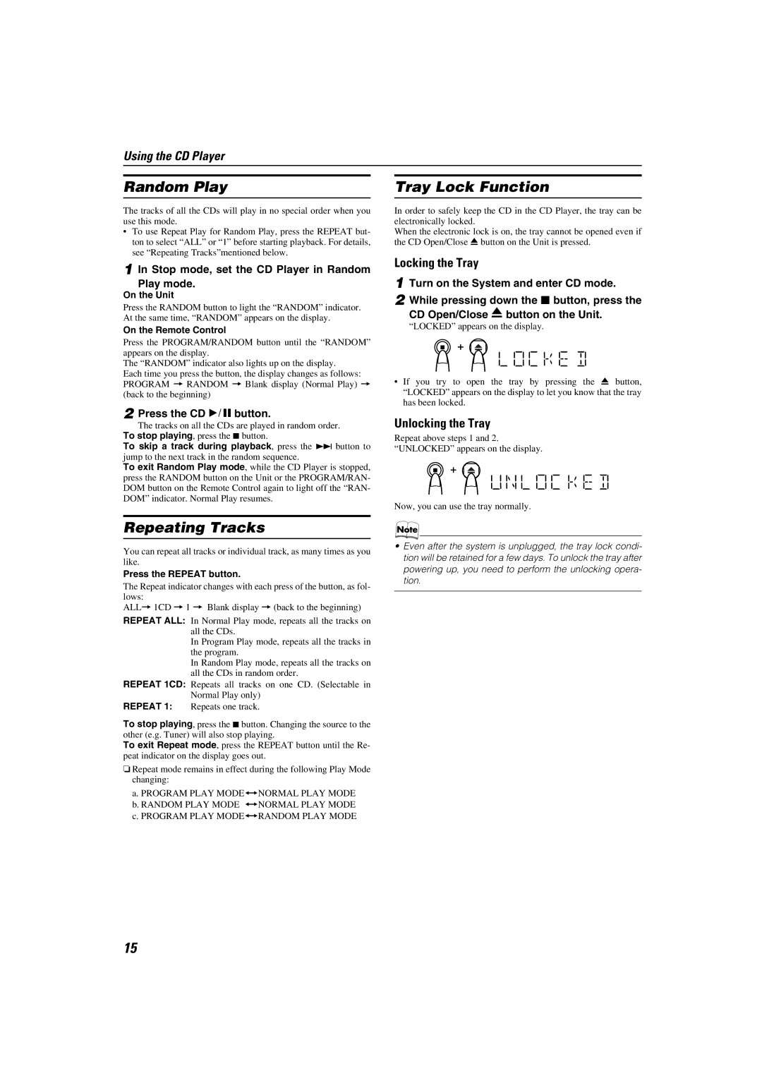 JVC SP-MXKA3, CA-MXKA3 manual Random Play, Repeating Tracks, Tray Lock Function, Locking the Tray, Unlocking the Tray 