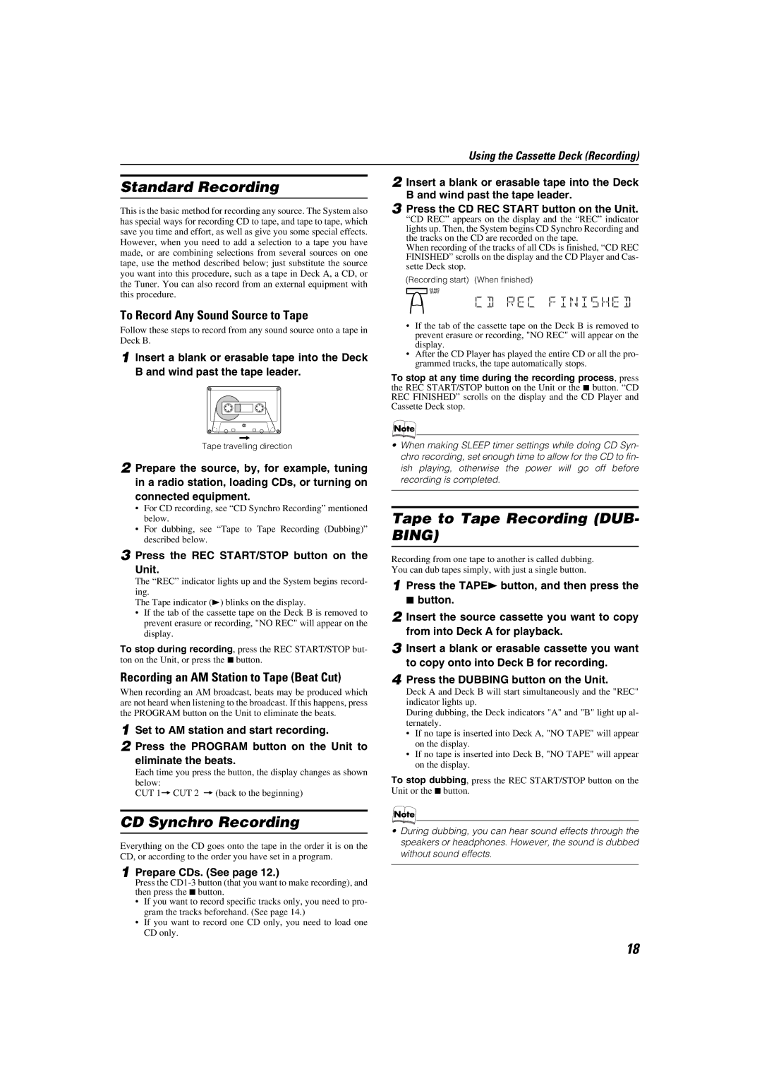 JVC CA-MXKA3, SP-MXKA3 manual Standard Recording, Tape to Tape Recording DUB- Bing, CD Synchro Recording 