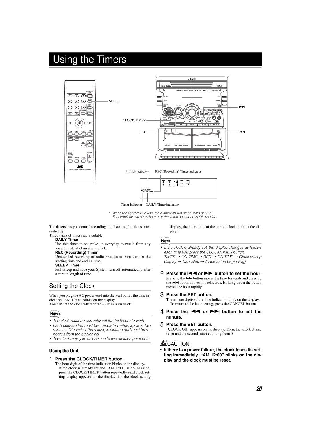 JVC CA-MXKA3, SP-MXKA3 manual Using the Timers, Setting the Clock 