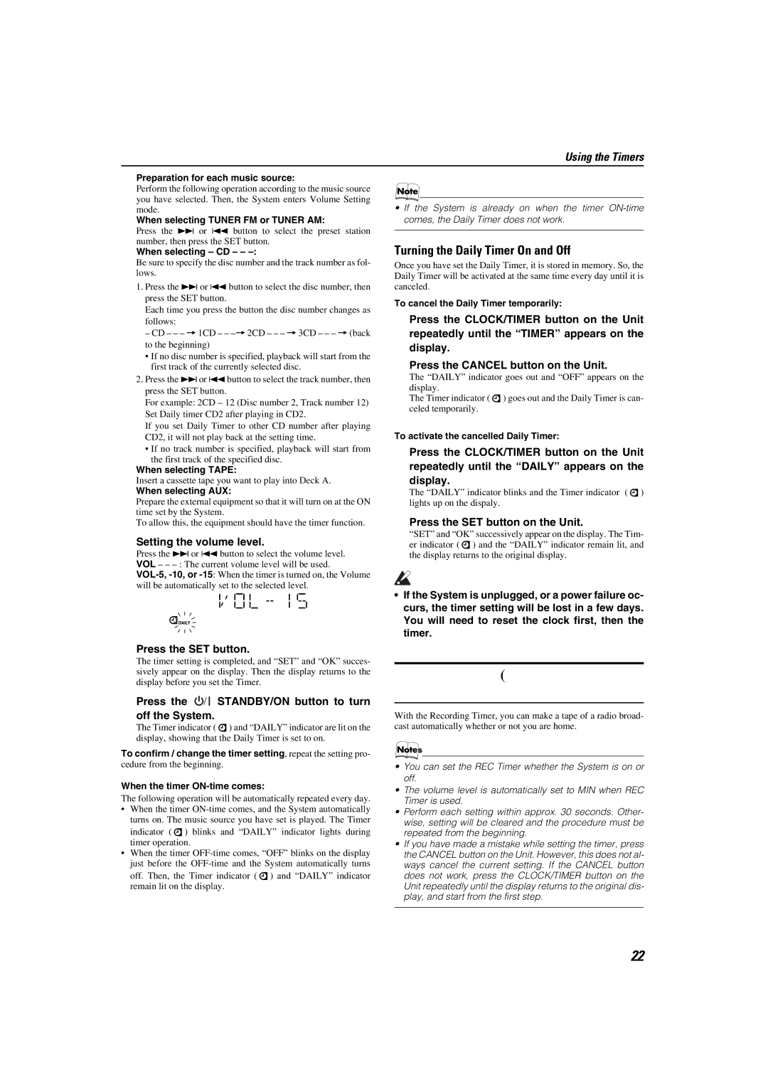 JVC CA-MXKA3, SP-MXKA3 manual Setting the REC Recording Timer, Turning the Daily Timer On and Off, Setting the volume level 