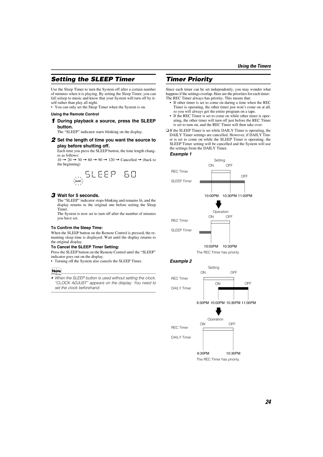 JVC CA-MXKA3 Setting the Sleep Timer, Timer Priority, During playback a source, press the Sleep button, Wait for 5 seconds 