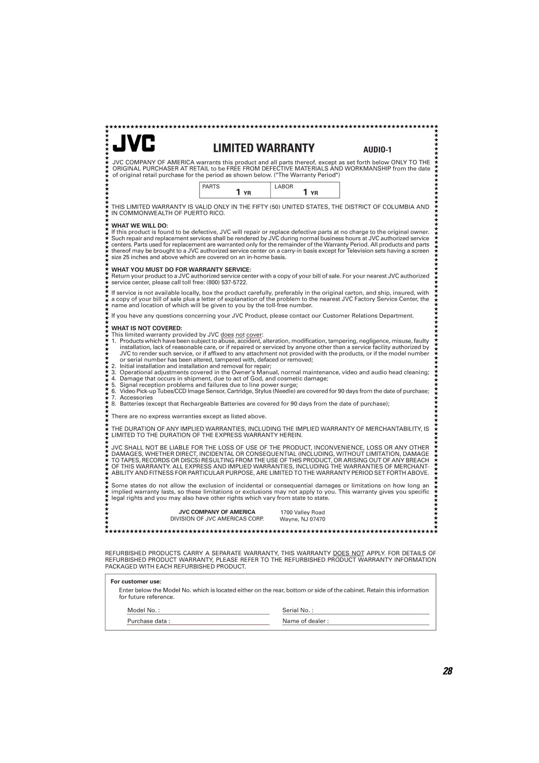 JVC CA-MXKA3, SP-MXKA3 manual Limited Warranty 