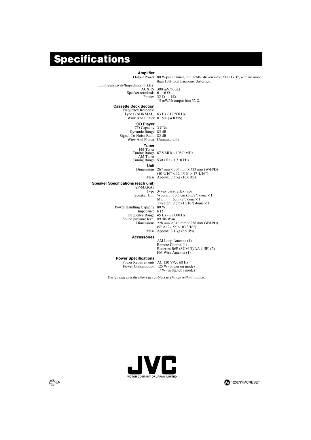 JVC SP-MXKA3, CA-MXKA3 manual Specifications 