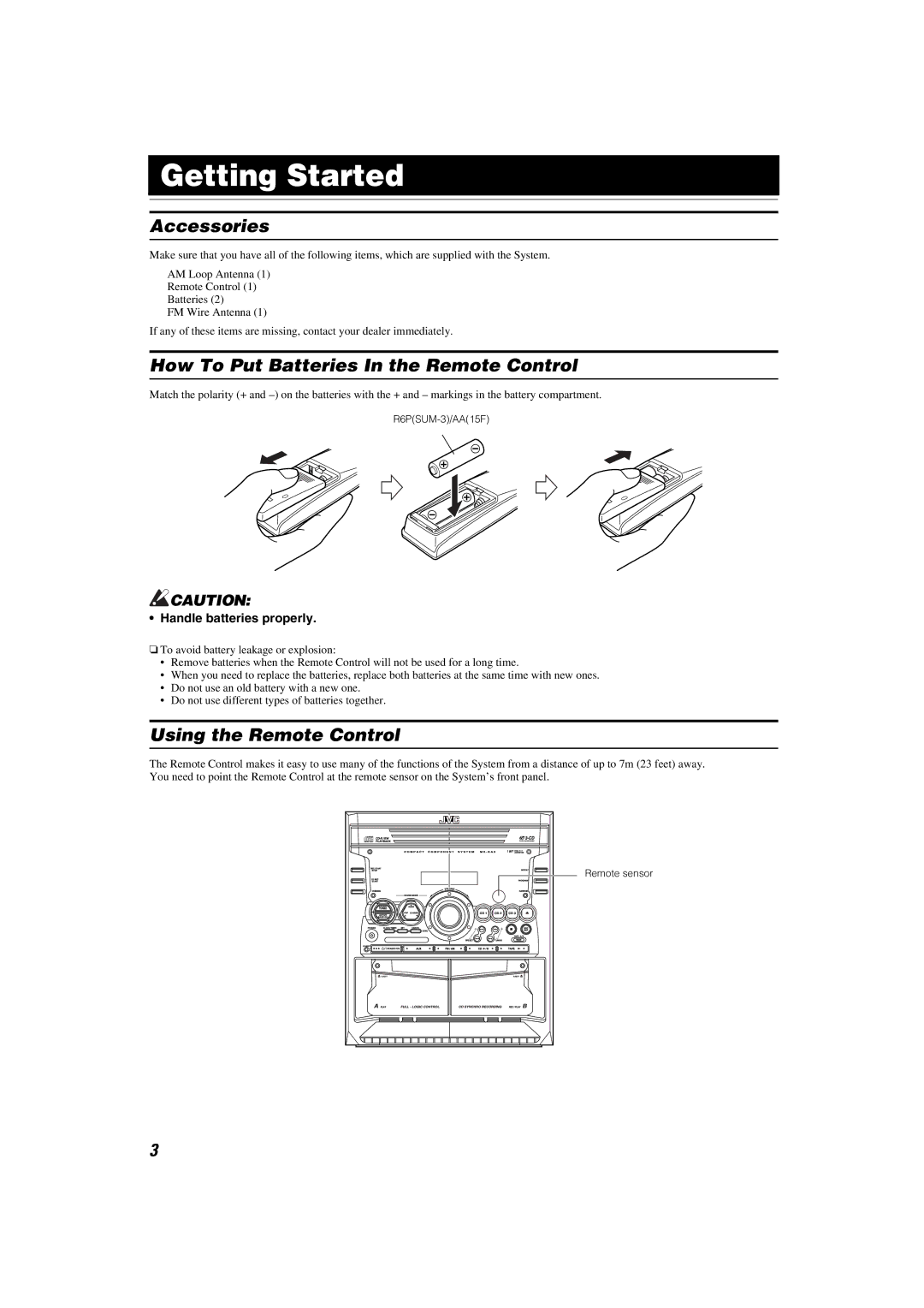 JVC SP-MXKA3, CA-MXKA3 Getting Started, Accessories, How To Put Batteries In the Remote Control, Using the Remote Control 