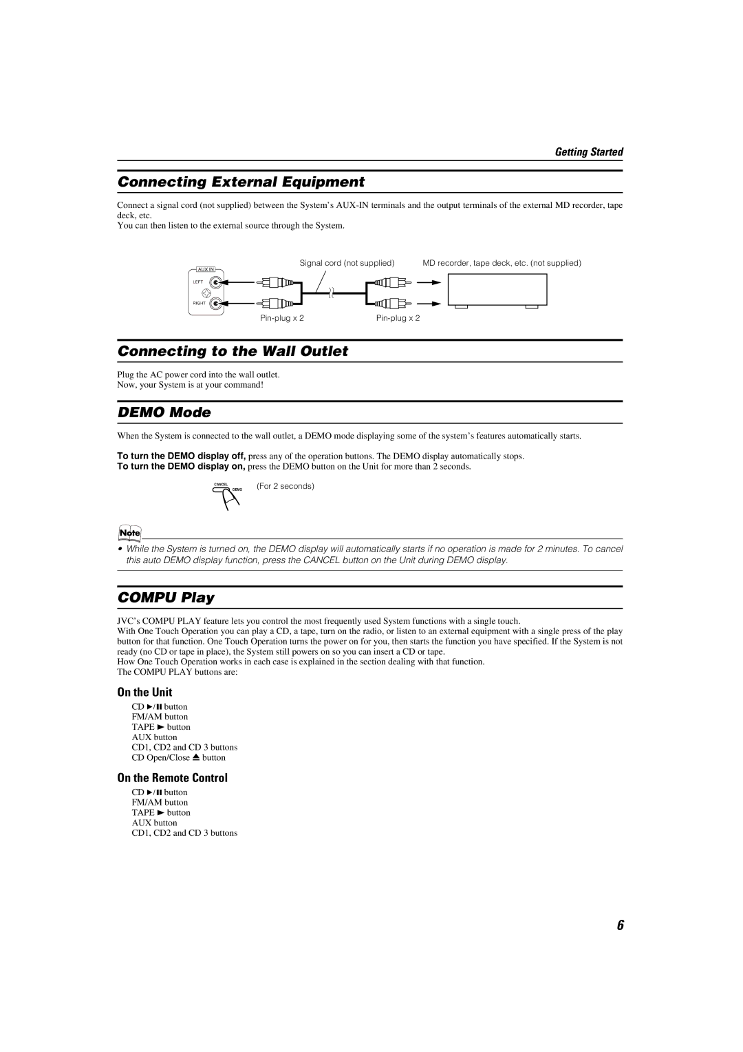 JVC CA-MXKA3, SP-MXKA3 manual Connecting External Equipment, Connecting to the Wall Outlet, Demo Mode, Compu Play 