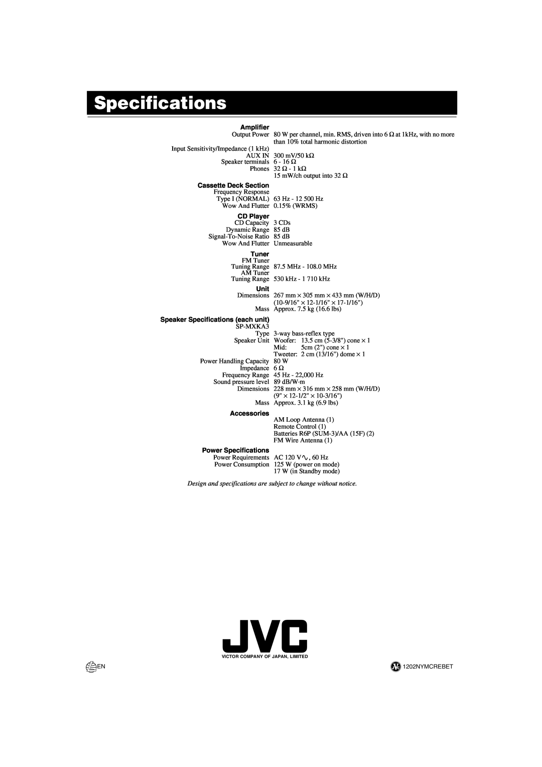 JVC SP-MXKA3 Amplifier, Cassette Deck Section, CD Player, Tuner, Unit, Speaker Specifications each unit, Accessories 