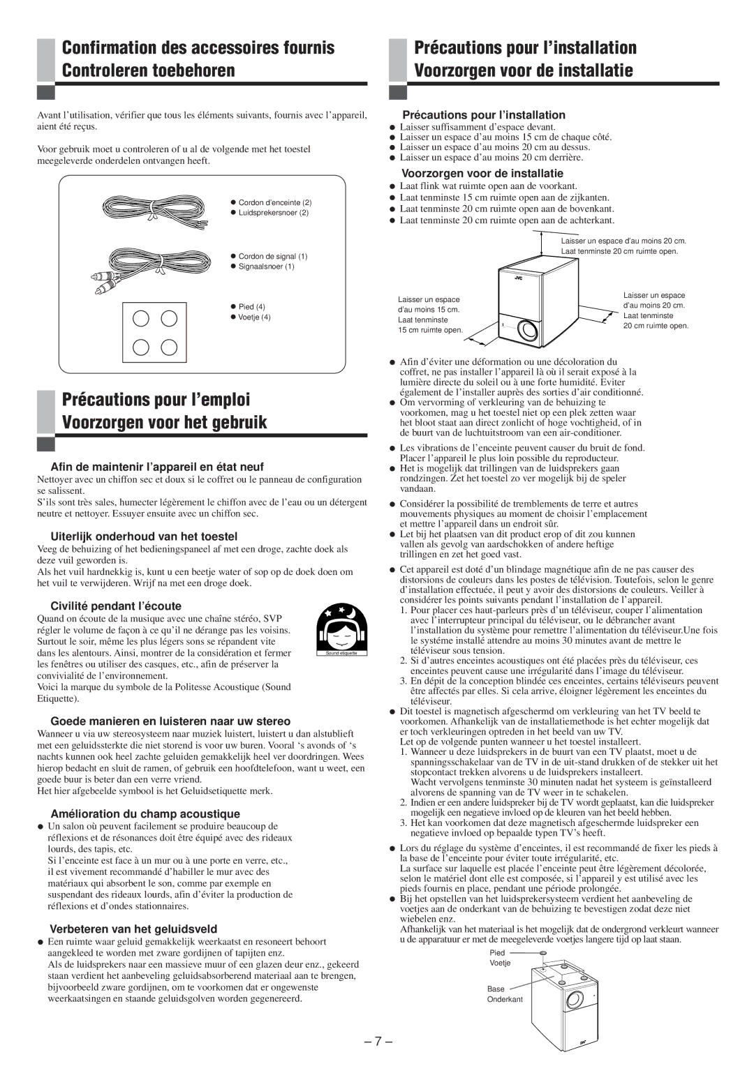 JVC SP-PW100 manual Précautions pour l’emploi Voorzorgen voor het gebruik 