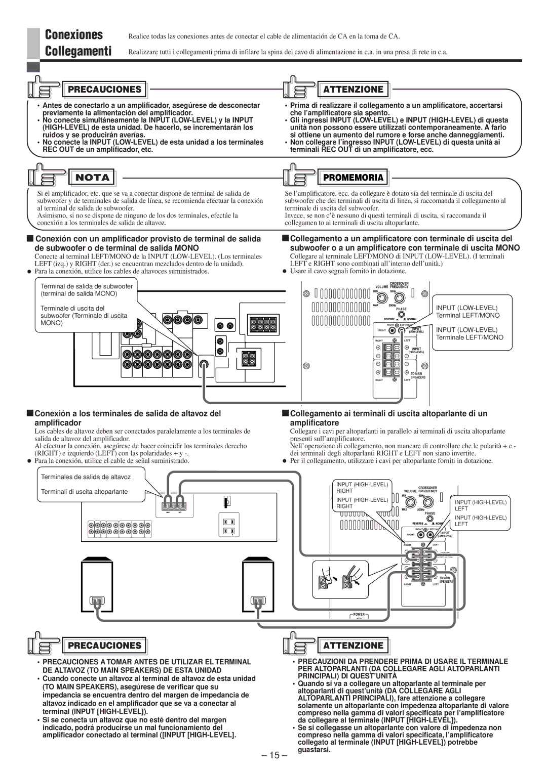 JVC SP-PW100 manual Nota, Precauciones Attenzione, Promemoria 