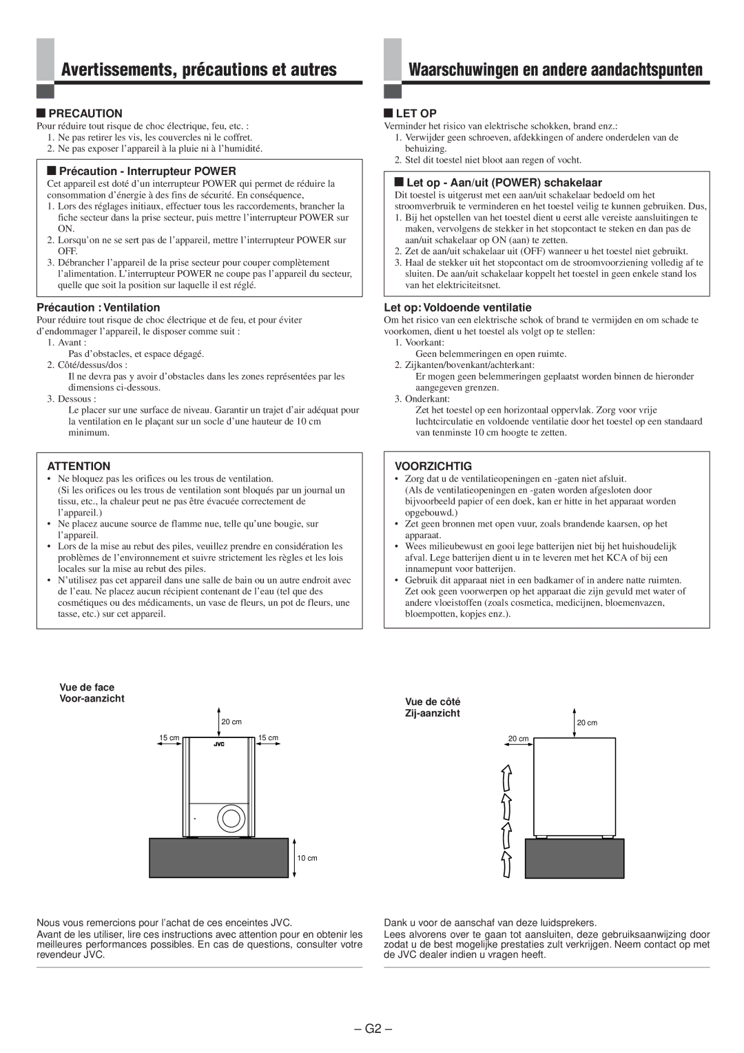 JVC SP-PW100 manual Waarschuwingen en andere aandachtspunten, Precaution, Let Op, Voorzichtig 