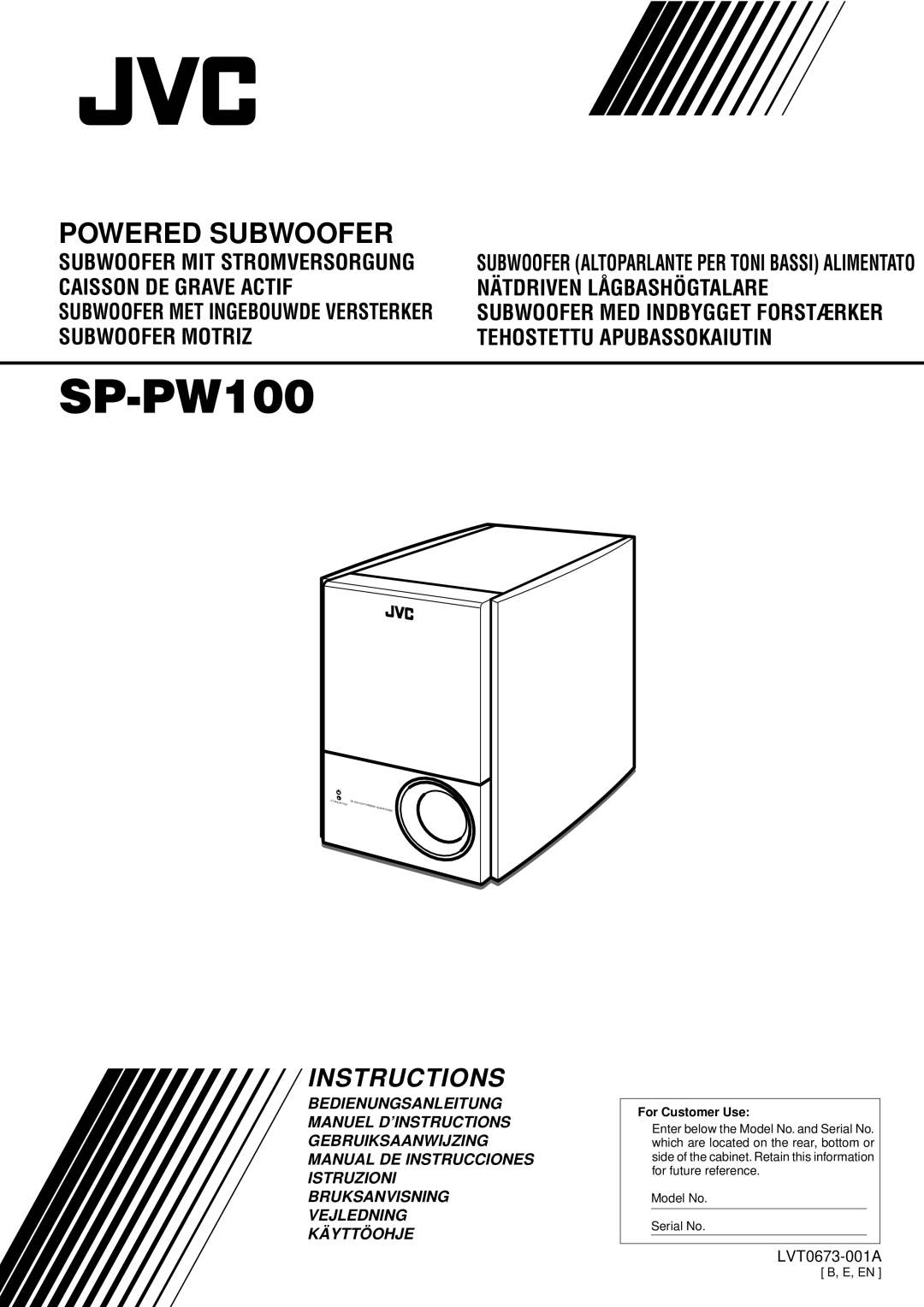 JVC SP-PW100 manual LVT0673-001A, Model No Serial No, B, E, En, Instructions, Powered Subwoofer Compact Component System 