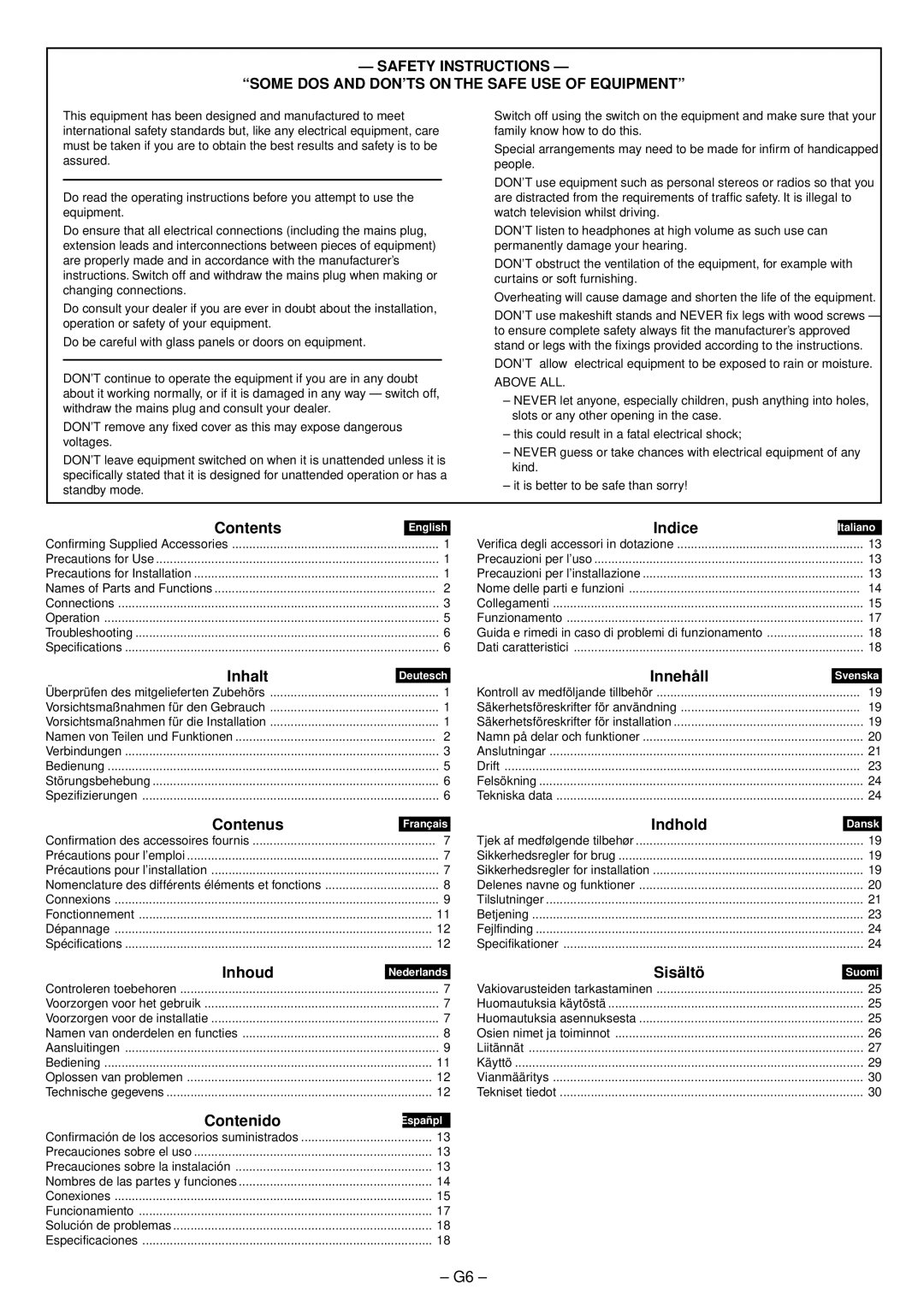 JVC SP-PW100 manual Contents, Inhalt, Indic e, Innehål l, Indhol d, Sisältö, Contenid 