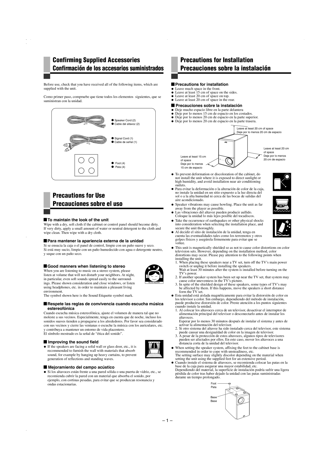 JVC SP-PW105WD manual Confirming Supplied Accessories, Precautions for Use Precauciones sobre el uso 