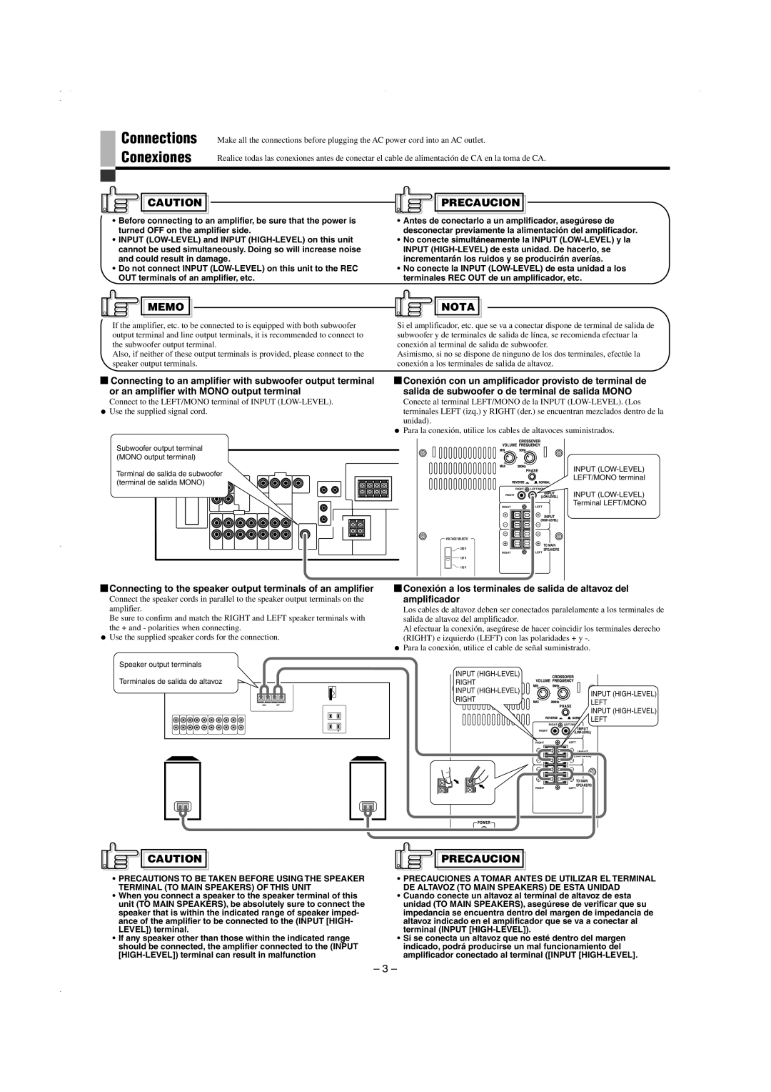 JVC SP-PW105WD manual Connections Conexiones, Connecting to the speaker output terminals of an amplifier 