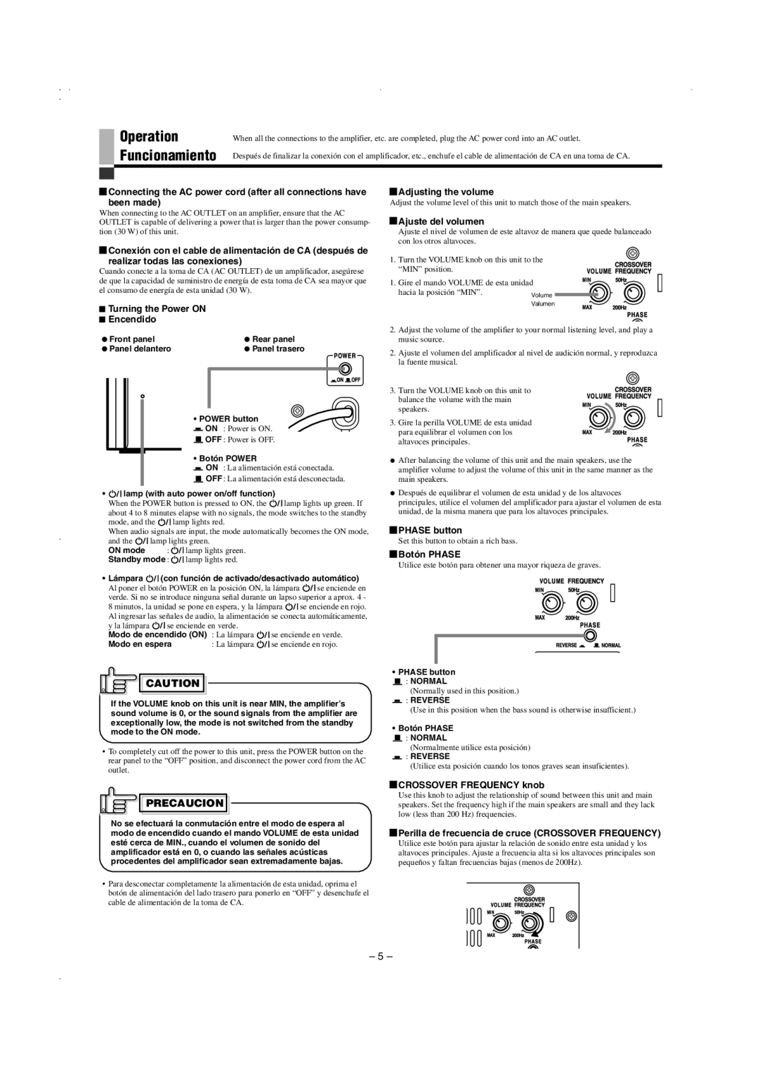 JVC SP-PW105WD manual Turning the Power on Encendido, Adjusting the volume, Ajuste del volumen, Phase button, Botón Phase 