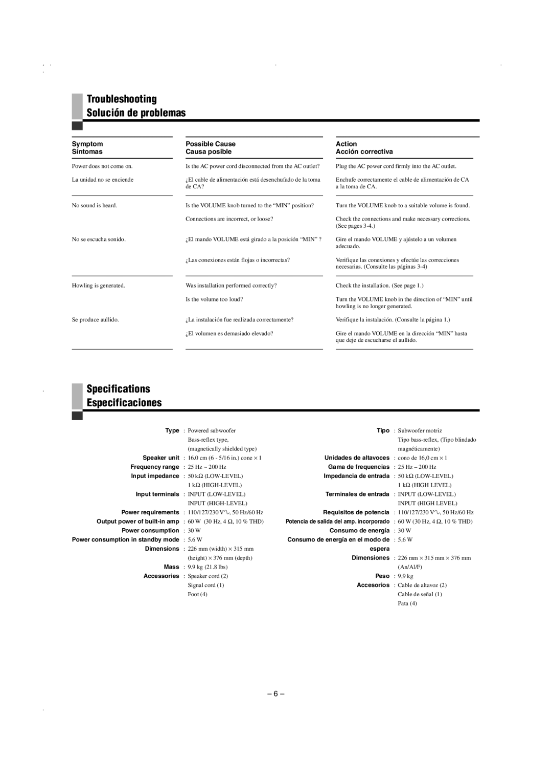 JVC SP-PW105WD manual Troubleshooting Solución de problemas, Specifications Especificaciones 