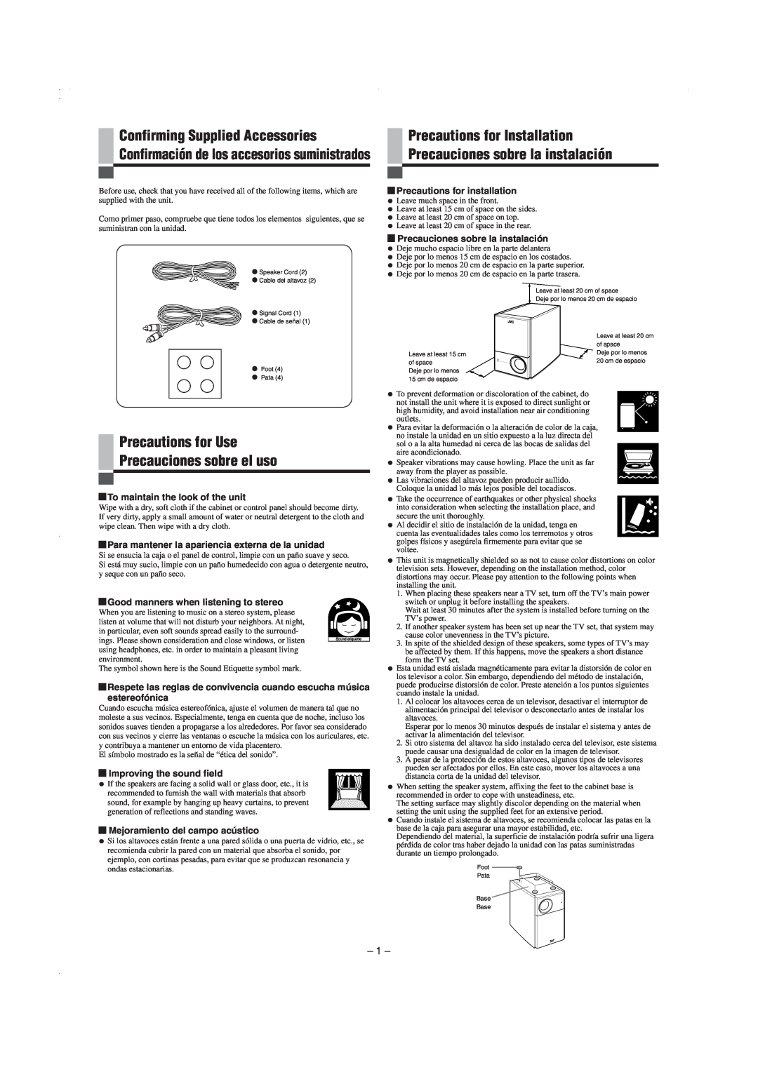 JVC SP-PW105WD manual Confirming Supplied Accessories, Precautions for Use Precauciones sobre el uso 