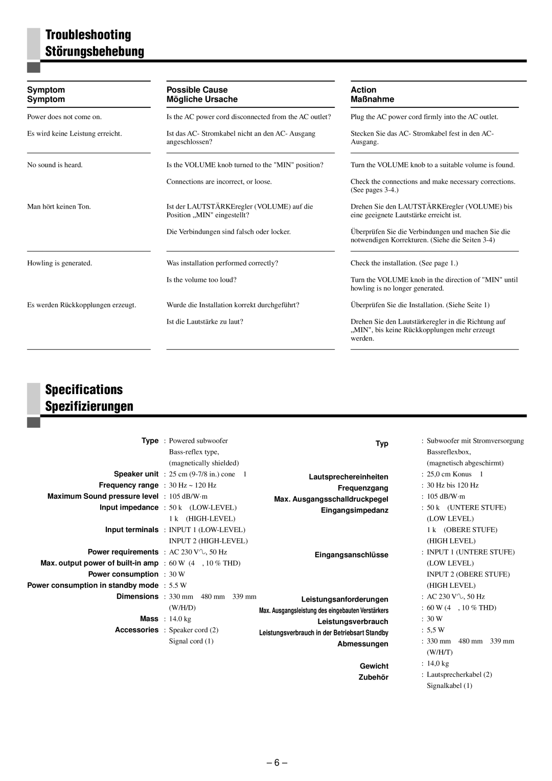 JVC SP-PW880 manual Troubleshooting Störungsbehebung, Specifications Spezifizierungen 