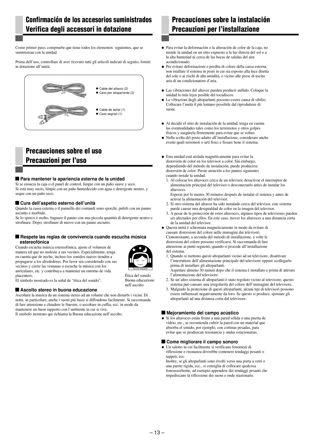 JVC SP-PW880 manual Precauciones sobre el uso Precauzioni per l’uso 