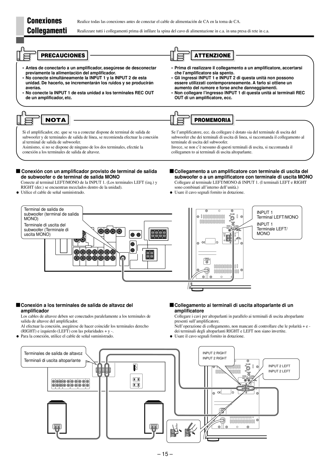 JVC SP-PW880 manual Precauciones, Attenzione, Nota, Promemoria 